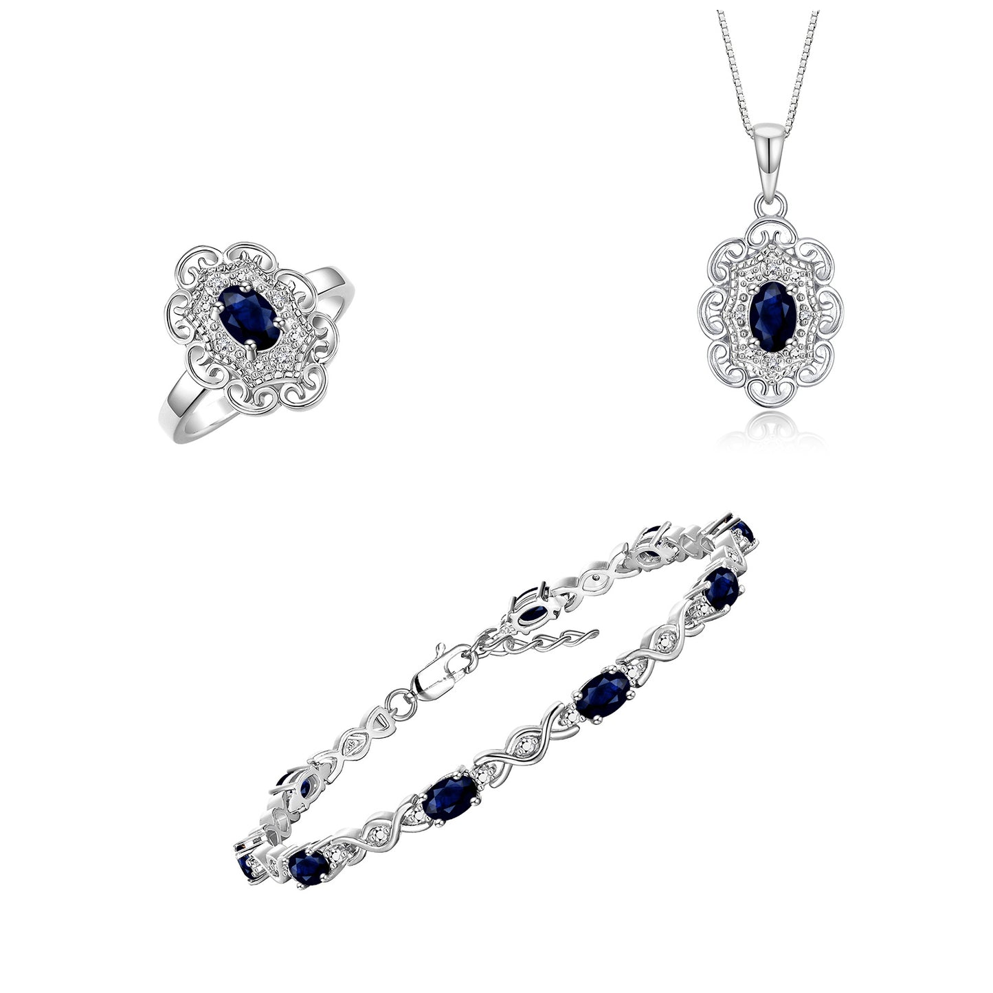 RYLOS Matching Jewelry Hugs & Kisses Infinity Set: Sterling Silver Tennis Bracelet, Ring & Necklace. Gemstone & Diamonds, 7-8" Wrist & 18" Chain. 6X4MM Birthstone