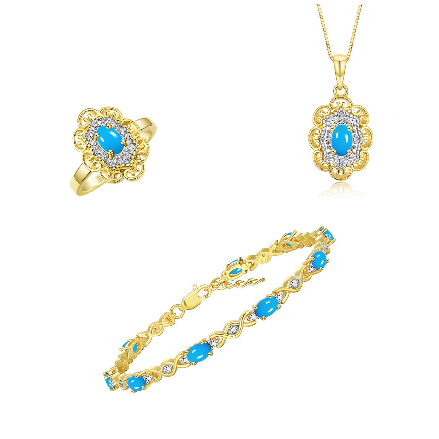 RYLOS Matching Jewelry Hugs & Kisses Infinity Set: Yellow Gold Plated Silver Tennis Bracelet, Ring & Necklace. Gemstone & Diamonds, 7-8" Wrist & 18" Chain. 6X4MM Birthstone