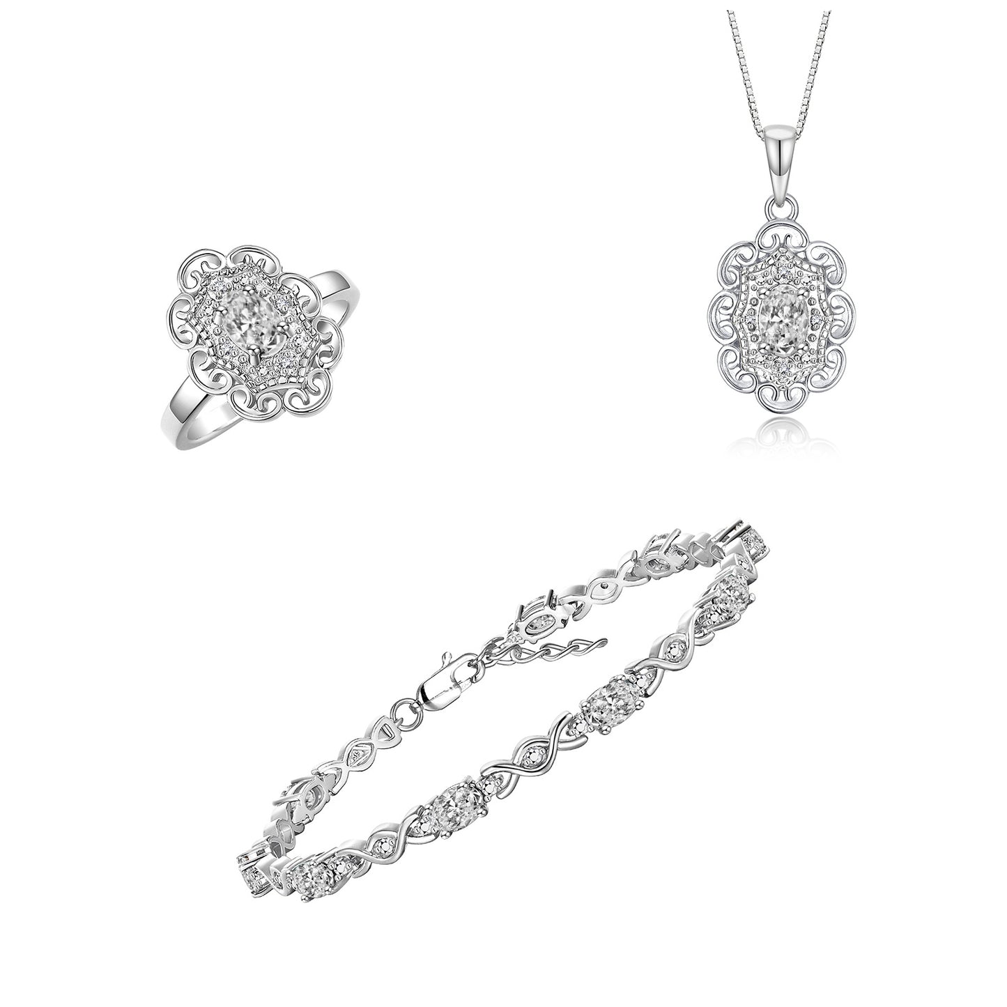 RYLOS Matching Jewelry Hugs & Kisses Infinity Set: Sterling Silver Tennis Bracelet, Ring & Necklace. Gemstone & Diamonds, 7-8" Wrist & 18" Chain. 6X4MM Birthstone