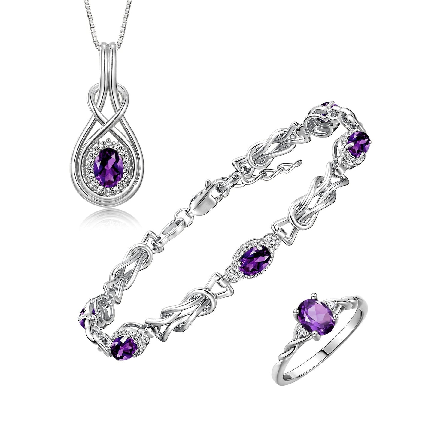 RYLOS Matching Jewelry Love Knot Set: Sterling Silver Tennis Bracelet, Ring & Necklace. Gemstone & Diamonds, Adjustable 7"-8" Wrist & 18" Chain. Birthstone Ring Sizes 5-10
