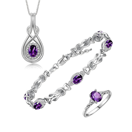 RYLOS Matching Jewelry Love Knot Set: Sterling Silver Tennis Bracelet, Ring & Necklace. Gemstone & Diamonds, Adjustable 7"-8" Wrist & 18" Chain. Birthstone Ring Sizes 5-10