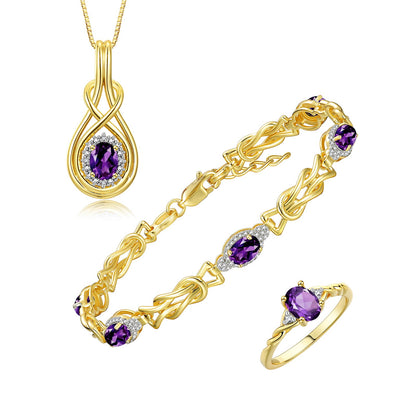 RYLOS Matching Jewelry Love Knot Set: Yellow Gold Plated Silver Tennis Bracelet, Ring & Necklace. Gemstone & Diamonds, Adjustable 7"-8" Wrist & 18" Chain.