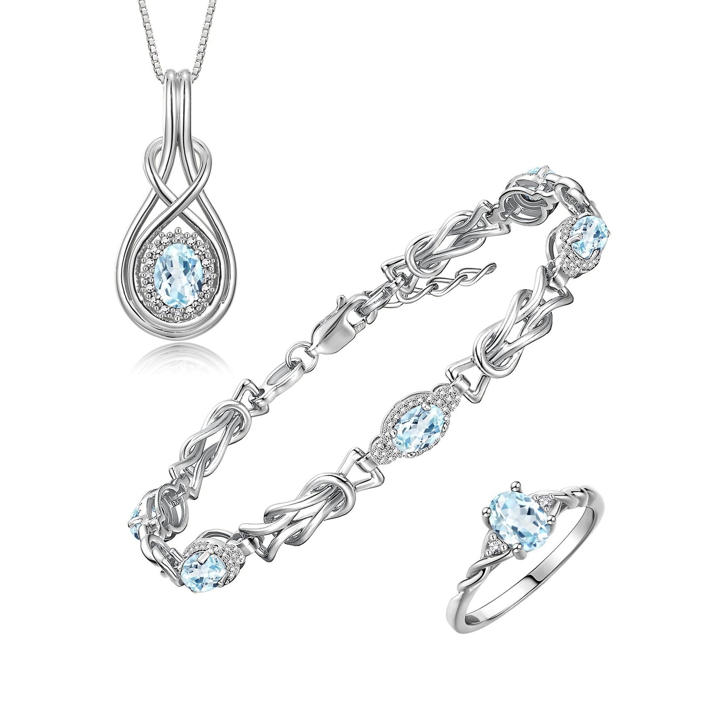 RYLOS Matching Jewelry Love Knot Set: Sterling Silver Tennis Bracelet, Ring & Necklace. Gemstone & Diamonds, Adjustable 7"-8" Wrist & 18" Chain. Birthstone Ring Sizes 5-10