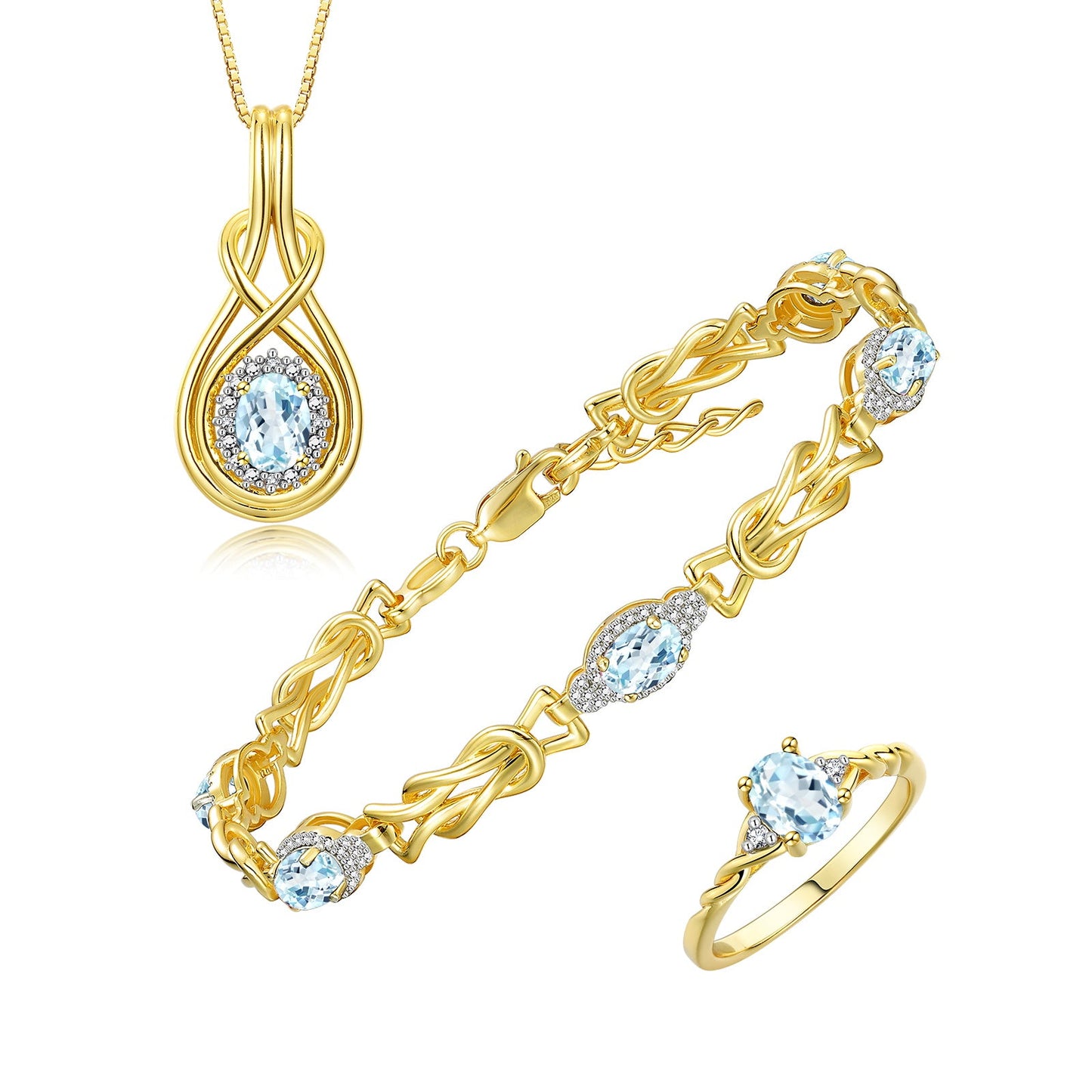 RYLOS Matching Jewelry Love Knot Set: Yellow Gold Plated Silver Tennis Bracelet, Ring & Necklace. Gemstone & Diamonds, Adjustable 7"-8" Wrist & 18" Chain.