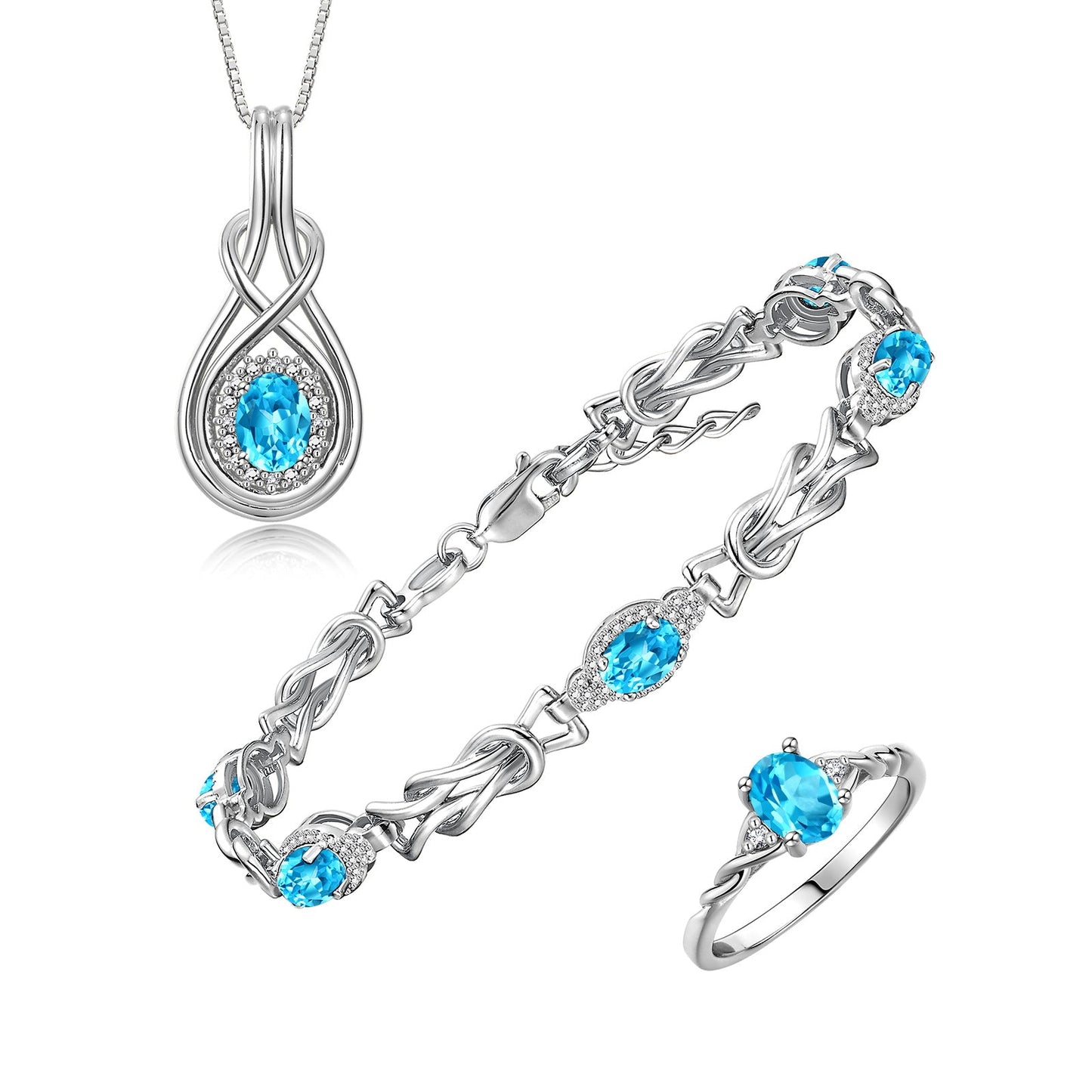 RYLOS Matching Jewelry Love Knot Set: Sterling Silver Tennis Bracelet, Ring & Necklace. Gemstone & Diamonds, Adjustable 7"-8" Wrist & 18" Chain. Birthstone Ring Sizes 5-10