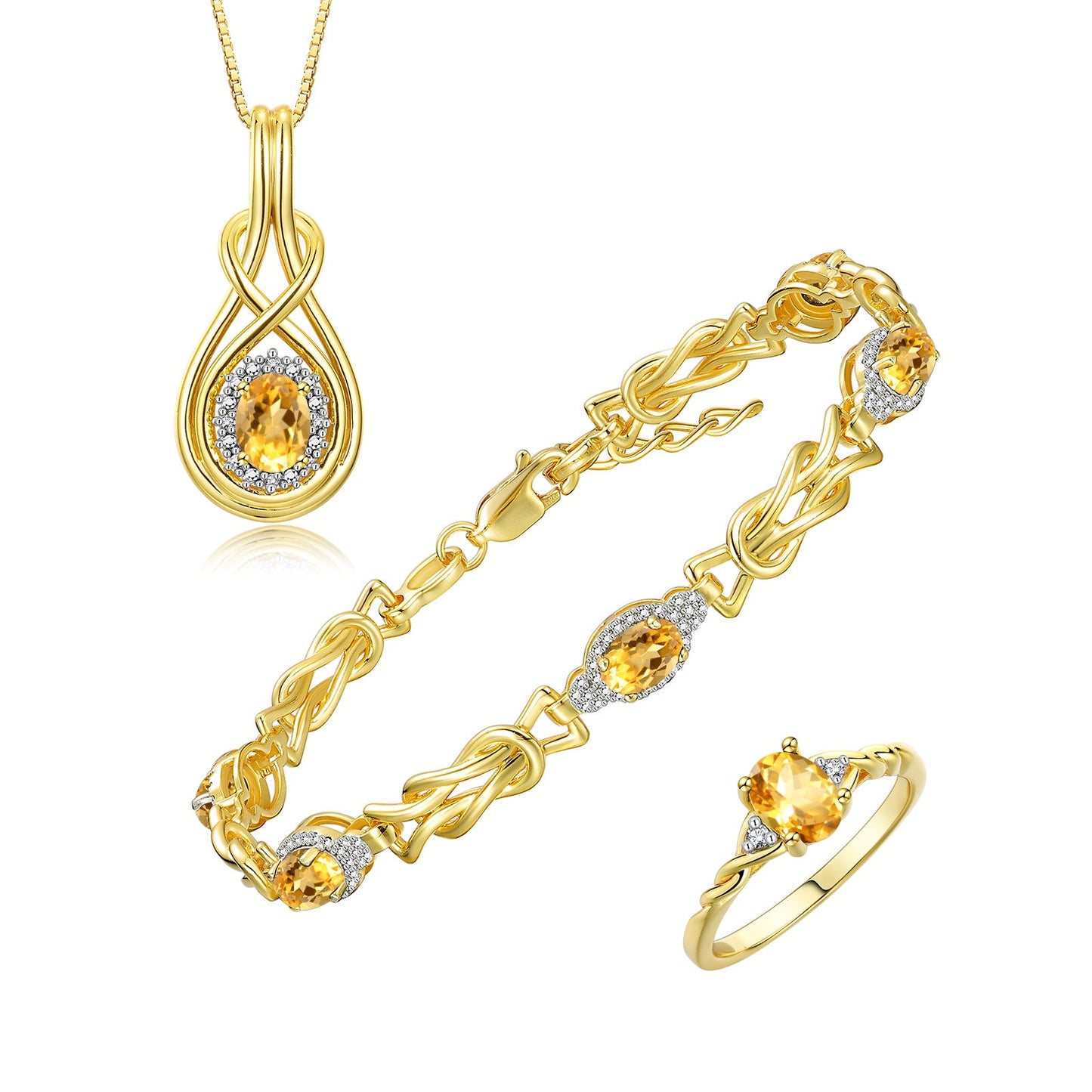 RYLOS Matching Jewelry Love Knot Set: Yellow Gold Plated Silver Tennis Bracelet, Ring & Necklace. Gemstone & Diamonds, Adjustable 7"-8" Wrist & 18" Chain.