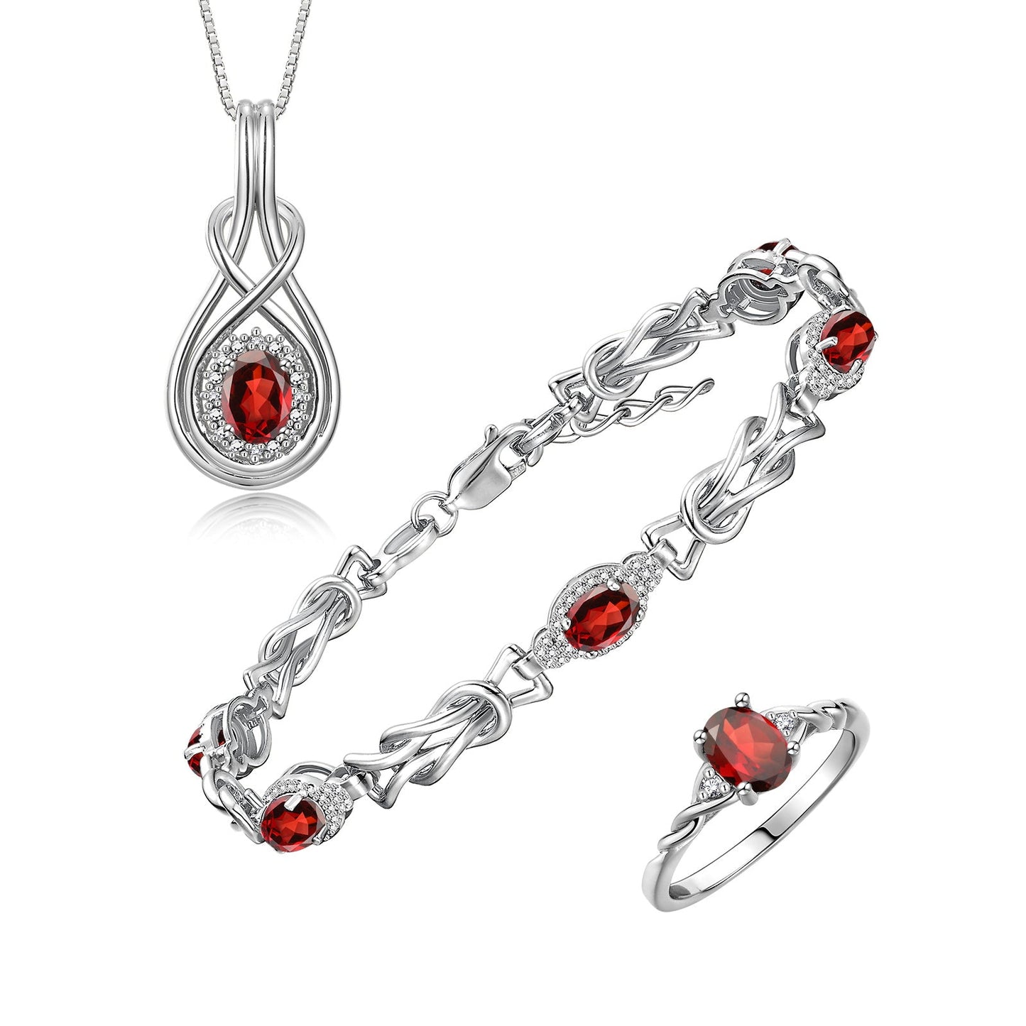 RYLOS Matching Jewelry Love Knot Set: Sterling Silver Tennis Bracelet, Ring & Necklace. Gemstone & Diamonds, Adjustable 7"-8" Wrist & 18" Chain. Birthstone Ring Sizes 5-10
