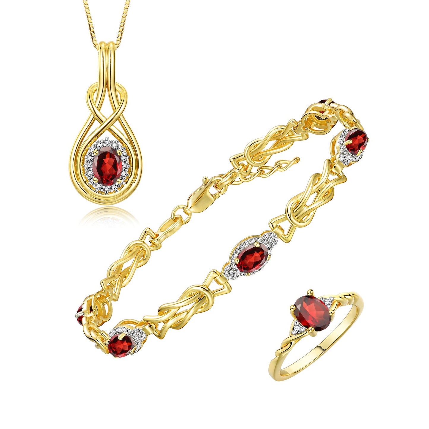 RYLOS Matching Jewelry Love Knot Set: Yellow Gold Plated Silver Tennis Bracelet, Ring & Necklace. Gemstone & Diamonds, Adjustable 7"-8" Wrist & 18" Chain.