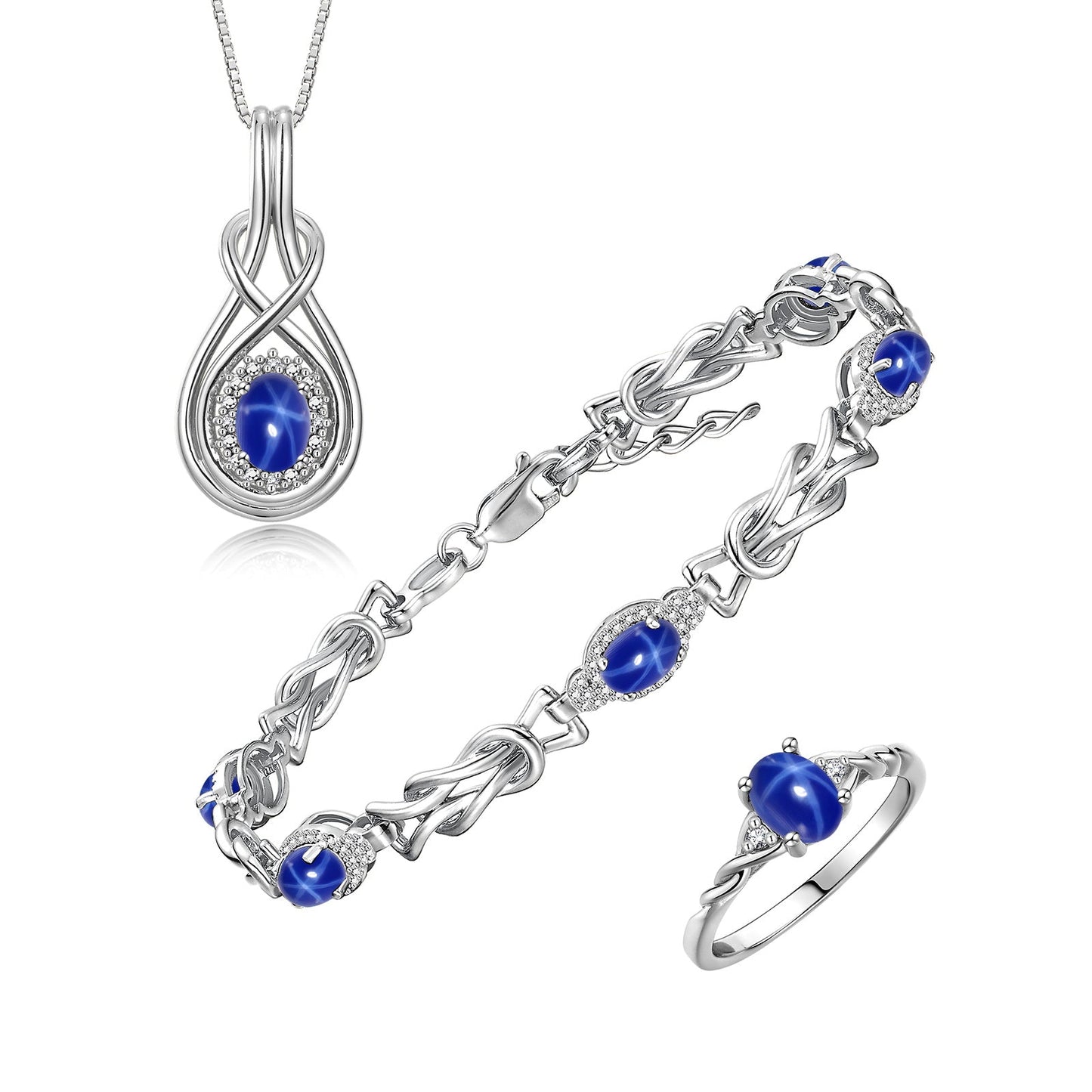 RYLOS Matching Jewelry Love Knot Set: Sterling Silver Tennis Bracelet, Ring & Necklace. Gemstone & Diamonds, Adjustable 7"-8" Wrist & 18" Chain. Birthstone Ring Sizes 5-10
