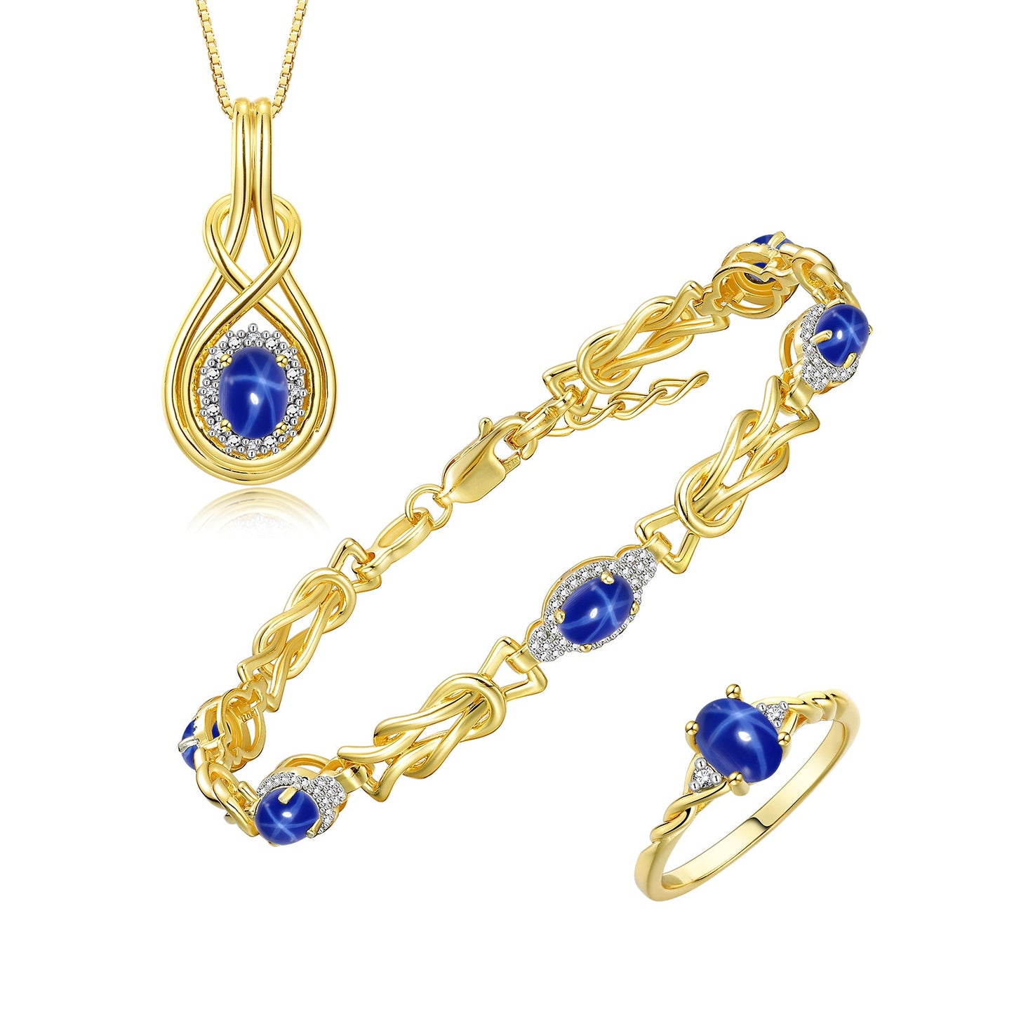 RYLOS Matching Jewelry Love Knot Set: Yellow Gold Plated Silver Tennis Bracelet, Ring & Necklace. Gemstone & Diamonds, Adjustable 7"-8" Wrist & 18" Chain.