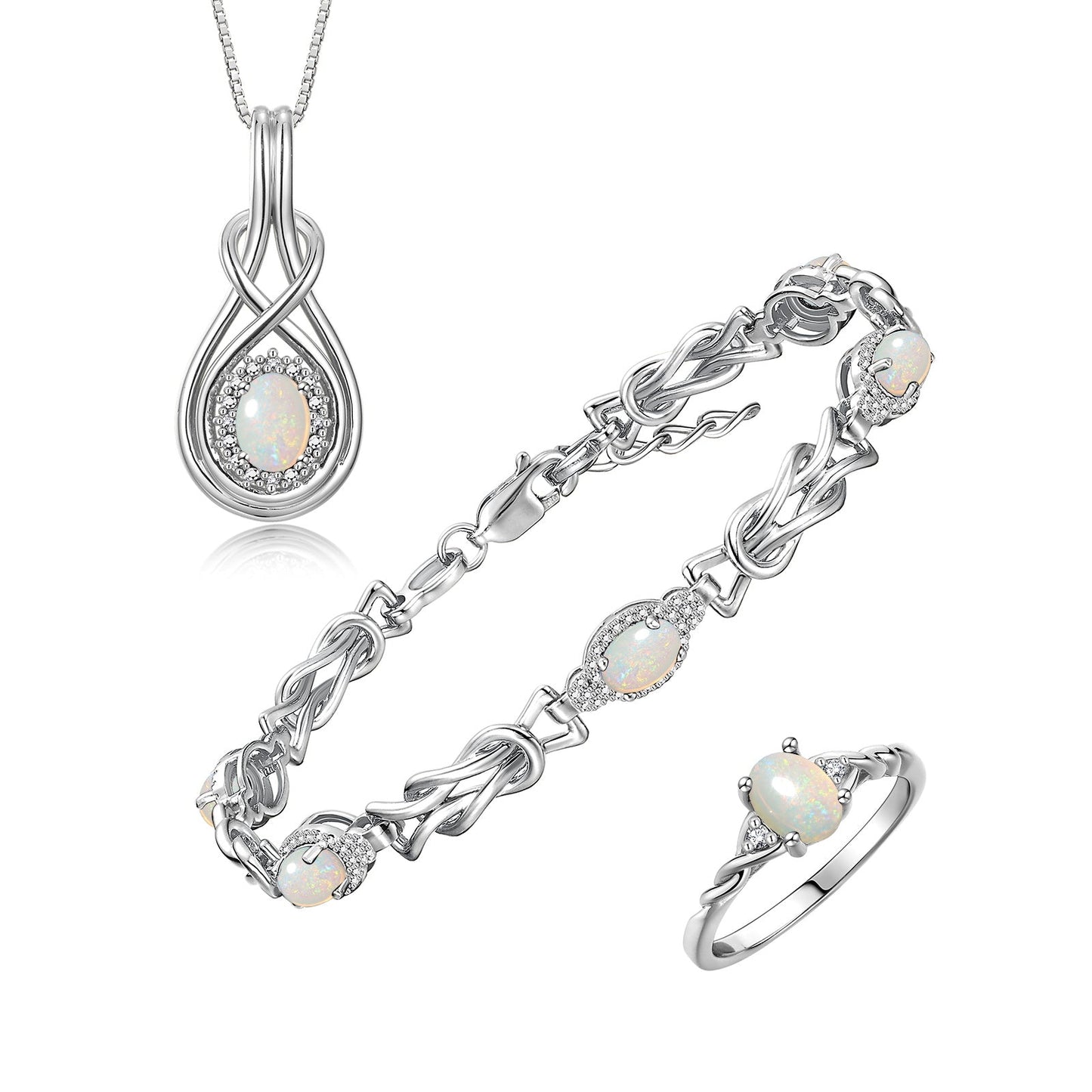 RYLOS Matching Jewelry Love Knot Set: Sterling Silver Tennis Bracelet, Ring & Necklace. Gemstone & Diamonds, Adjustable 7"-8" Wrist & 18" Chain. Birthstone Ring Sizes 5-10