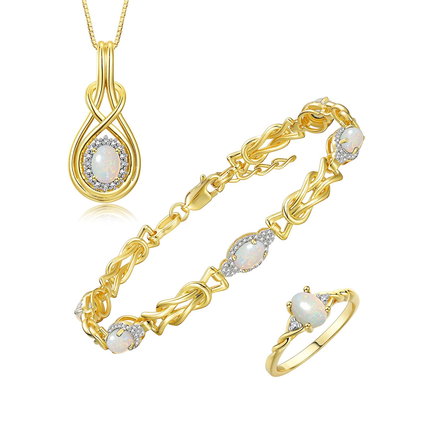 RYLOS Matching Jewelry Love Knot Set: Yellow Gold Plated Silver Tennis Bracelet, Ring & Necklace. Gemstone & Diamonds, Adjustable 7"-8" Wrist & 18" Chain.