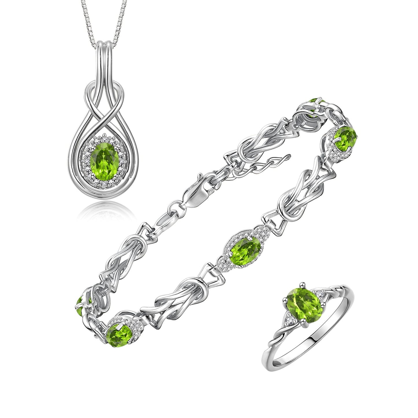 RYLOS Matching Jewelry Love Knot Set: Sterling Silver Tennis Bracelet, Ring & Necklace. Gemstone & Diamonds, Adjustable 7"-8" Wrist & 18" Chain. Birthstone Ring Sizes 5-10