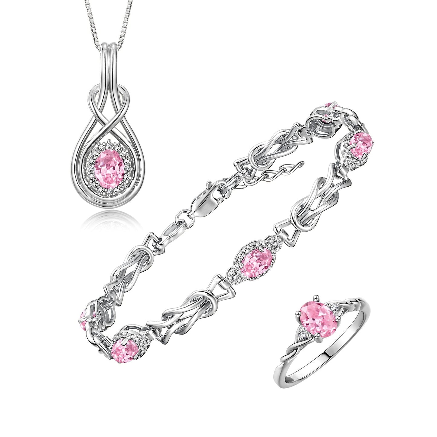 RYLOS Matching Jewelry Love Knot Set: Sterling Silver Tennis Bracelet, Ring & Necklace. Gemstone & Diamonds, Adjustable 7"-8" Wrist & 18" Chain. Birthstone Ring Sizes 5-10