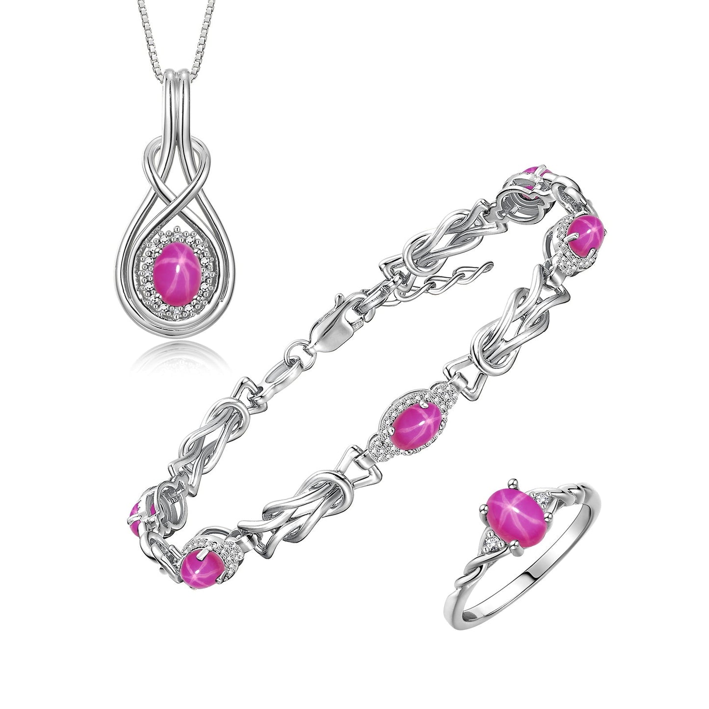 RYLOS Matching Jewelry Love Knot Set: Sterling Silver Tennis Bracelet, Ring & Necklace. Gemstone & Diamonds, Adjustable 7"-8" Wrist & 18" Chain. Birthstone Ring Sizes 5-10