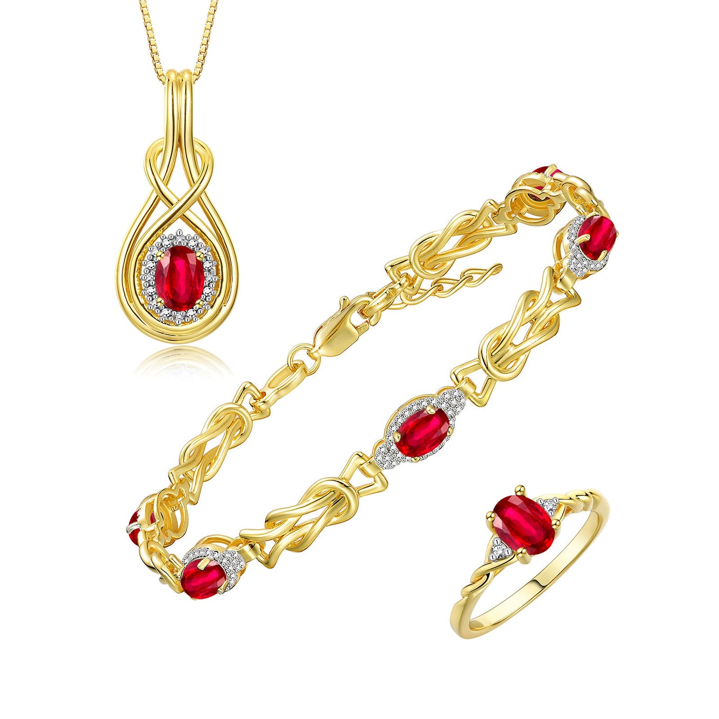 RYLOS Matching Jewelry Love Knot Set: Yellow Gold Plated Silver Tennis Bracelet, Ring & Necklace. Gemstone & Diamonds, Adjustable 7"-8" Wrist & 18" Chain.