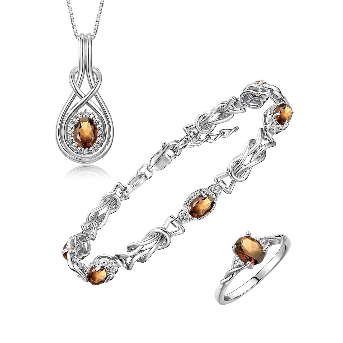 RYLOS Matching Jewelry Love Knot Set: Sterling Silver Tennis Bracelet, Ring & Necklace. Gemstone & Diamonds, Adjustable 7"-8" Wrist & 18" Chain. Birthstone Ring Sizes 5-10