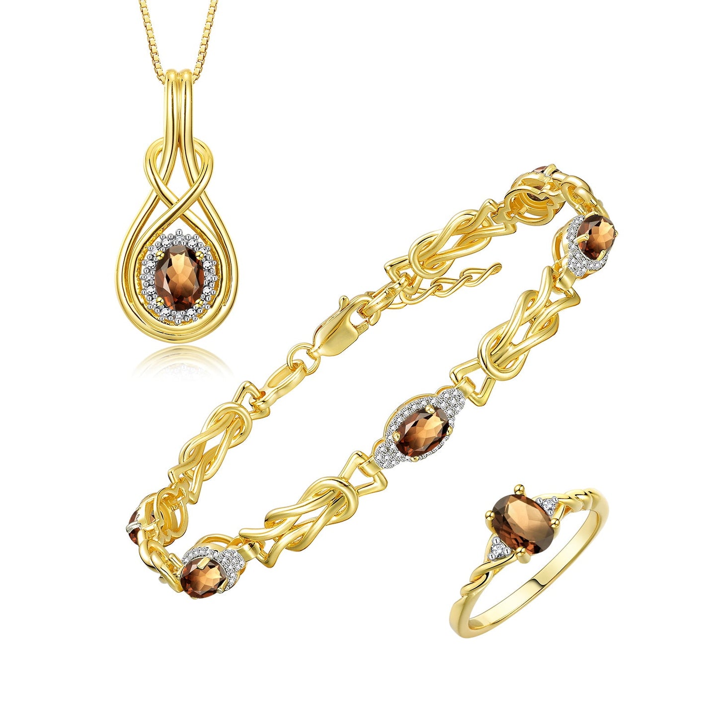 RYLOS Matching Jewelry Love Knot Set: Yellow Gold Plated Silver Tennis Bracelet, Ring & Necklace. Gemstone & Diamonds, Adjustable 7"-8" Wrist & 18" Chain.