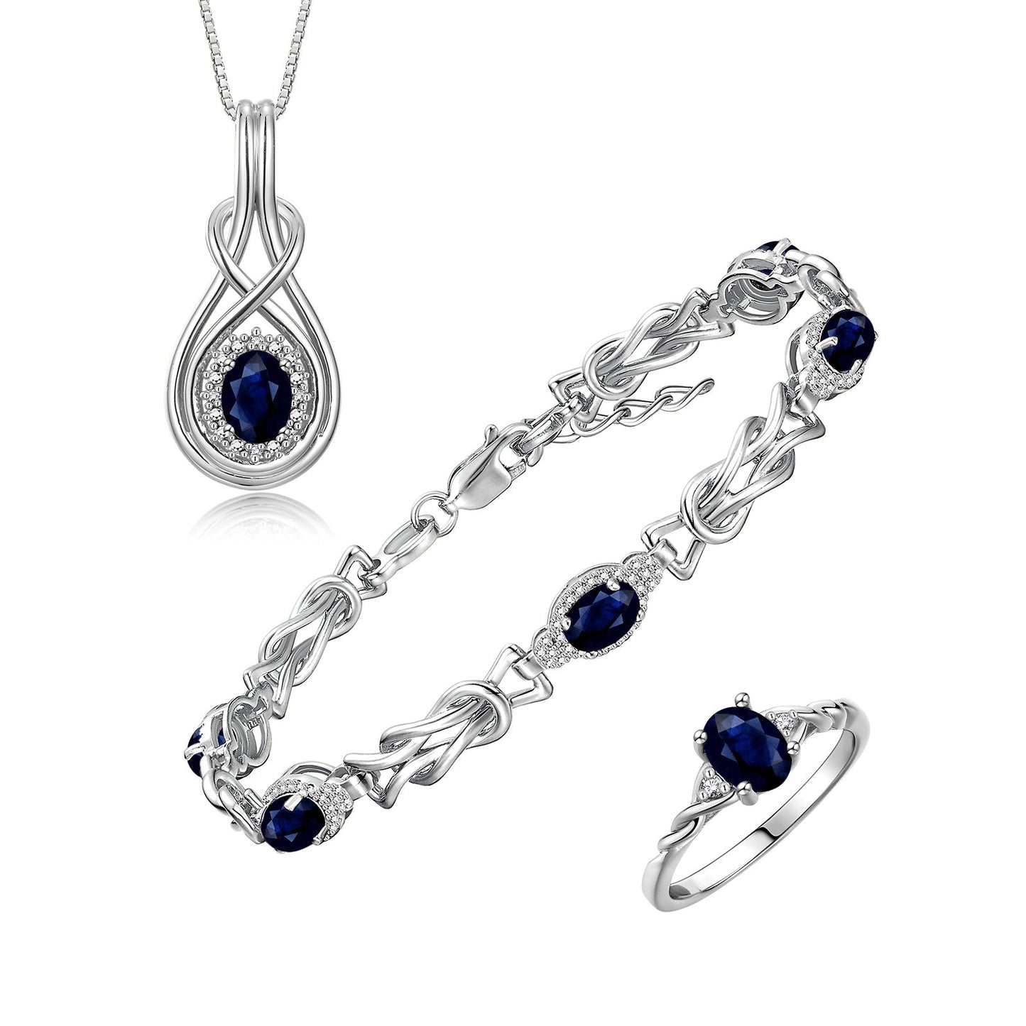 RYLOS Matching Jewelry Love Knot Set: Sterling Silver Tennis Bracelet, Ring & Necklace. Gemstone & Diamonds, Adjustable 7"-8" Wrist & 18" Chain. Birthstone Ring Sizes 5-10