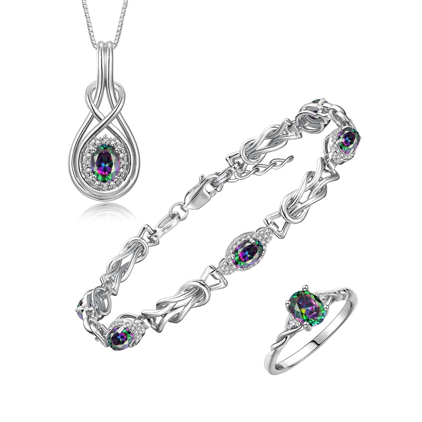 RYLOS Matching Jewelry Love Knot Set: Sterling Silver Tennis Bracelet, Ring & Necklace. Gemstone & Diamonds, Adjustable 7"-8" Wrist & 18" Chain. Birthstone Ring Sizes 5-10