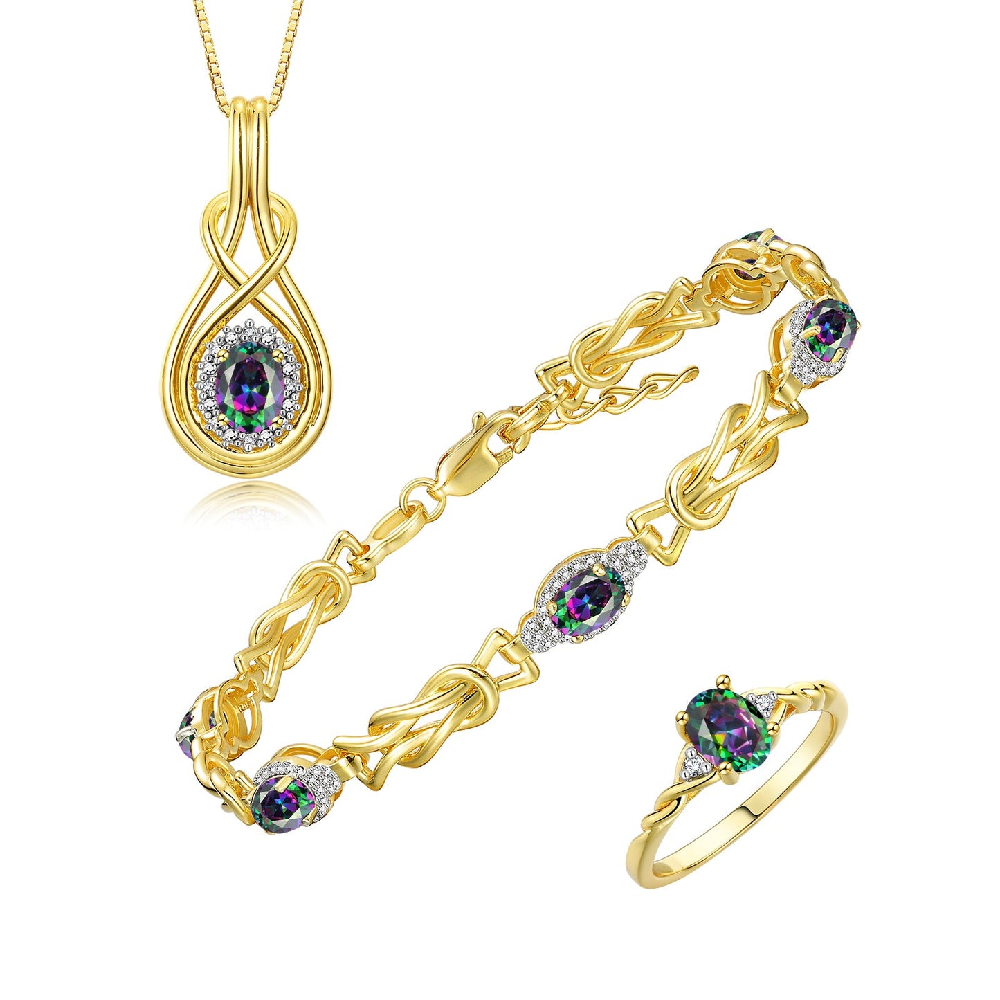RYLOS Matching Jewelry Love Knot Set: Yellow Gold Plated Silver Tennis Bracelet, Ring & Necklace. Gemstone & Diamonds, Adjustable 7"-8" Wrist & 18" Chain.