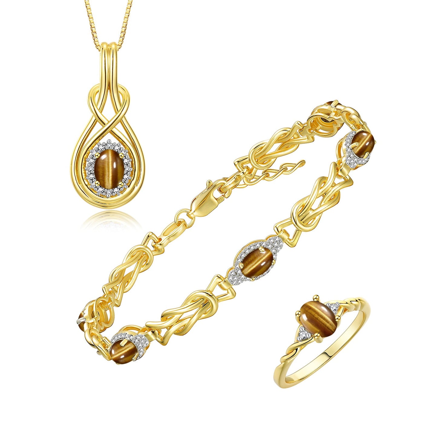 RYLOS Matching Jewelry Love Knot Set: Yellow Gold Plated Silver Tennis Bracelet, Ring & Necklace. Gemstone & Diamonds, Adjustable 7"-8" Wrist & 18" Chain.