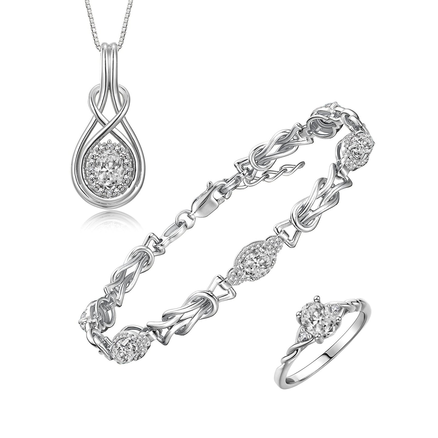 RYLOS Matching Jewelry Love Knot Set: Sterling Silver Tennis Bracelet, Ring & Necklace. Gemstone & Diamonds, Adjustable 7"-8" Wrist & 18" Chain. Birthstone Ring Sizes 5-10
