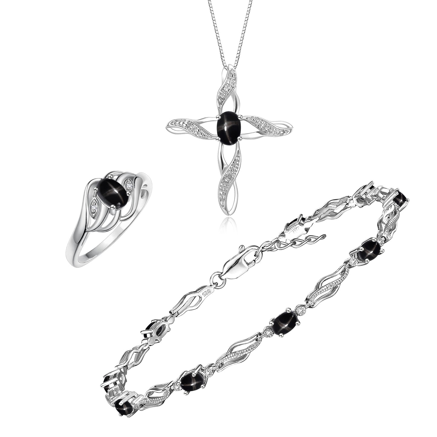 RYLOS Matching Jewelry Infinity Wave Set: Sterling Silver Tennis Bracelet, Ring & Necklace. Gemstone & Diamonds, Adjustable 7"-8" Wrist & 18" Chain.