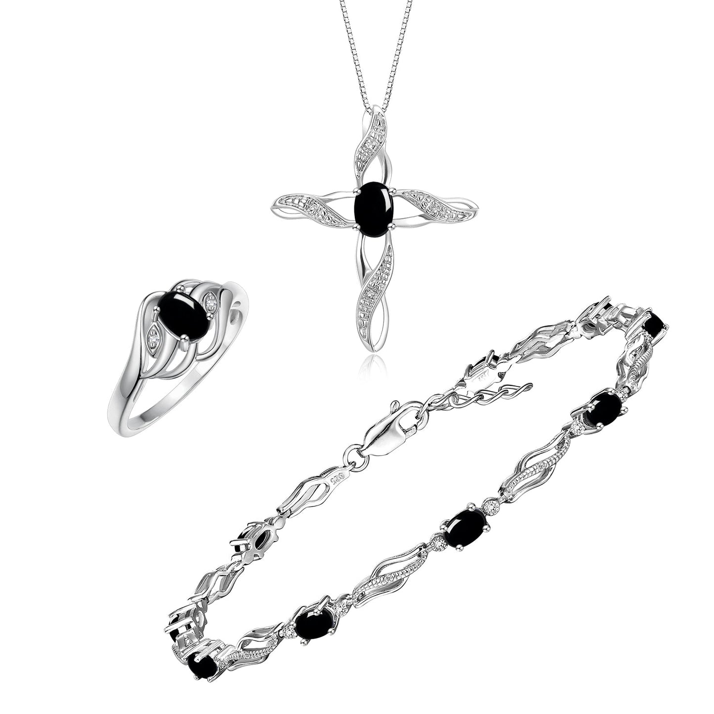 RYLOS Matching Jewelry Infinity Wave Set: Sterling Silver Tennis Bracelet, Ring & Necklace. Gemstone & Diamonds, Adjustable 7"-8" Wrist & 18" Chain.