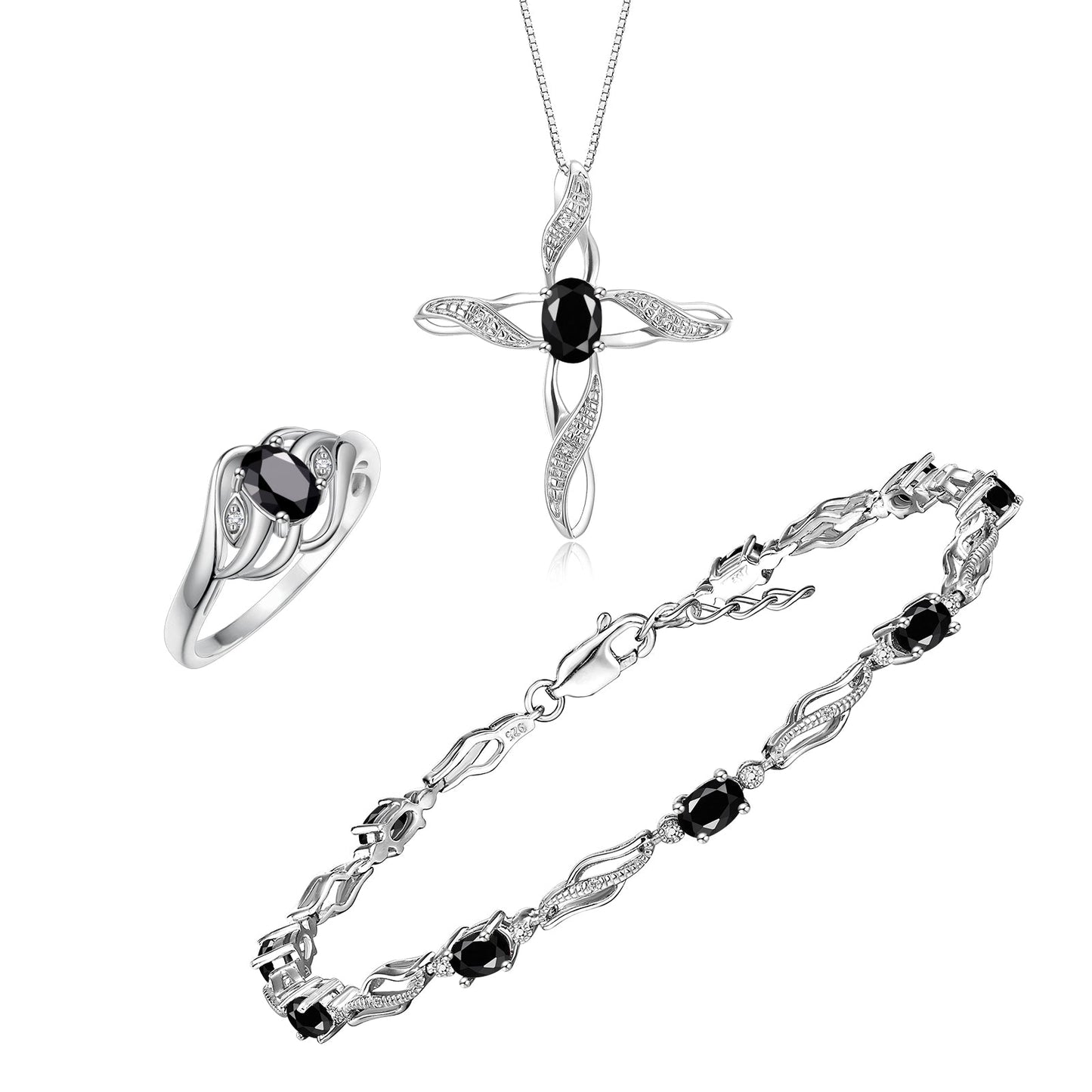 RYLOS Matching Jewelry Infinity Wave Set: Sterling Silver Tennis Bracelet, Ring & Necklace. Gemstone & Diamonds, Adjustable 7"-8" Wrist & 18" Chain.