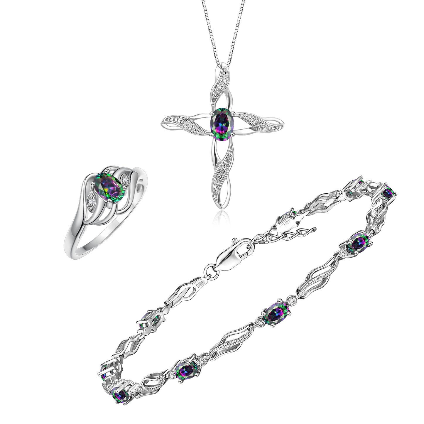 RYLOS Matching Jewelry Infinity Wave Set: Sterling Silver Tennis Bracelet, Ring & Necklace. Gemstone & Diamonds, Adjustable 7"-8" Wrist & 18" Chain.