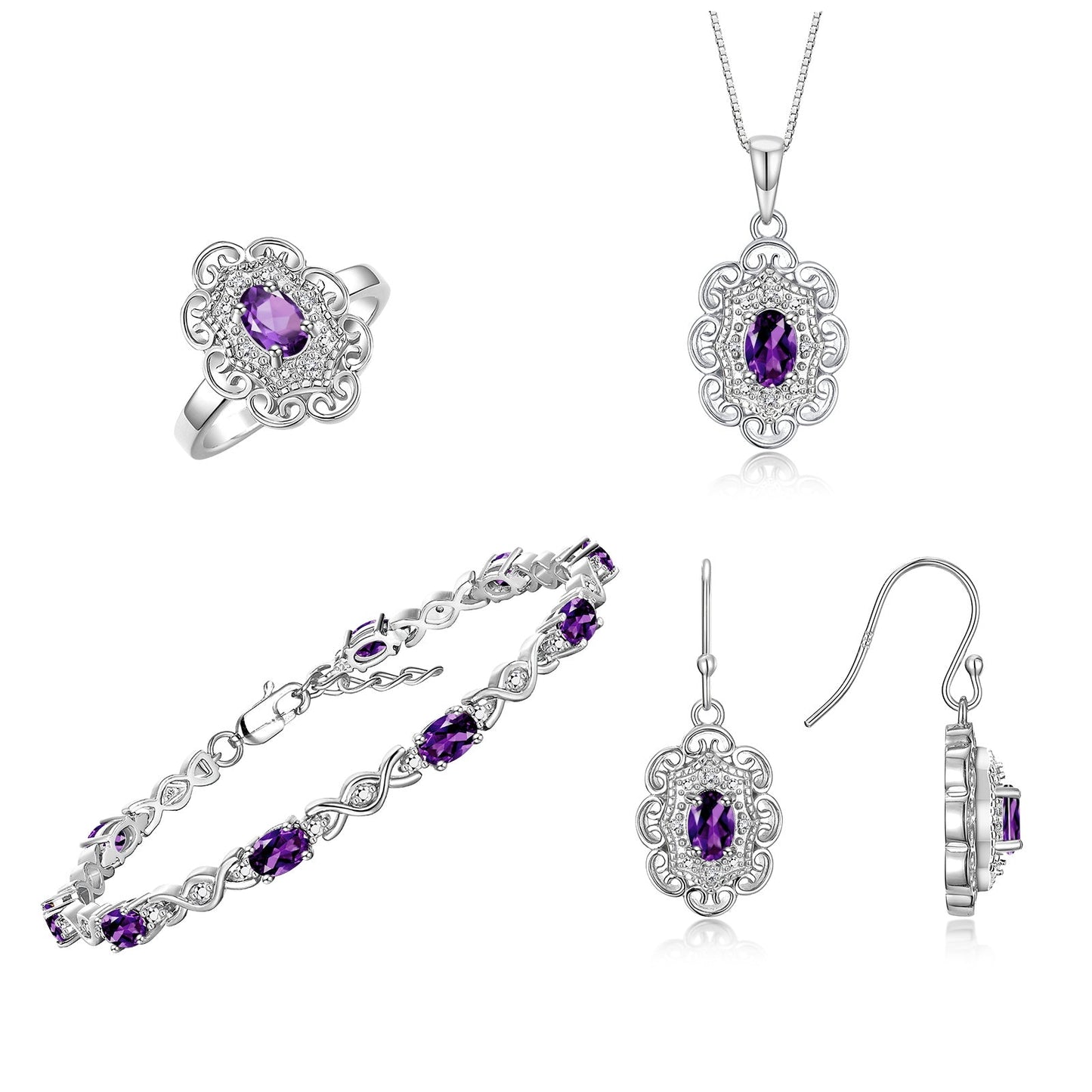 RYLOS Matching Jewelry Set Floral Design: Sterling Silver Tennis Bracelet, Earrings, Ring & Necklace. Gemstone & Diamonds, 7 inch-8 inch Adjustable Wrist, 18 inch Chain, 4-Pieces Matched, Birthstone Ring Size 8-10