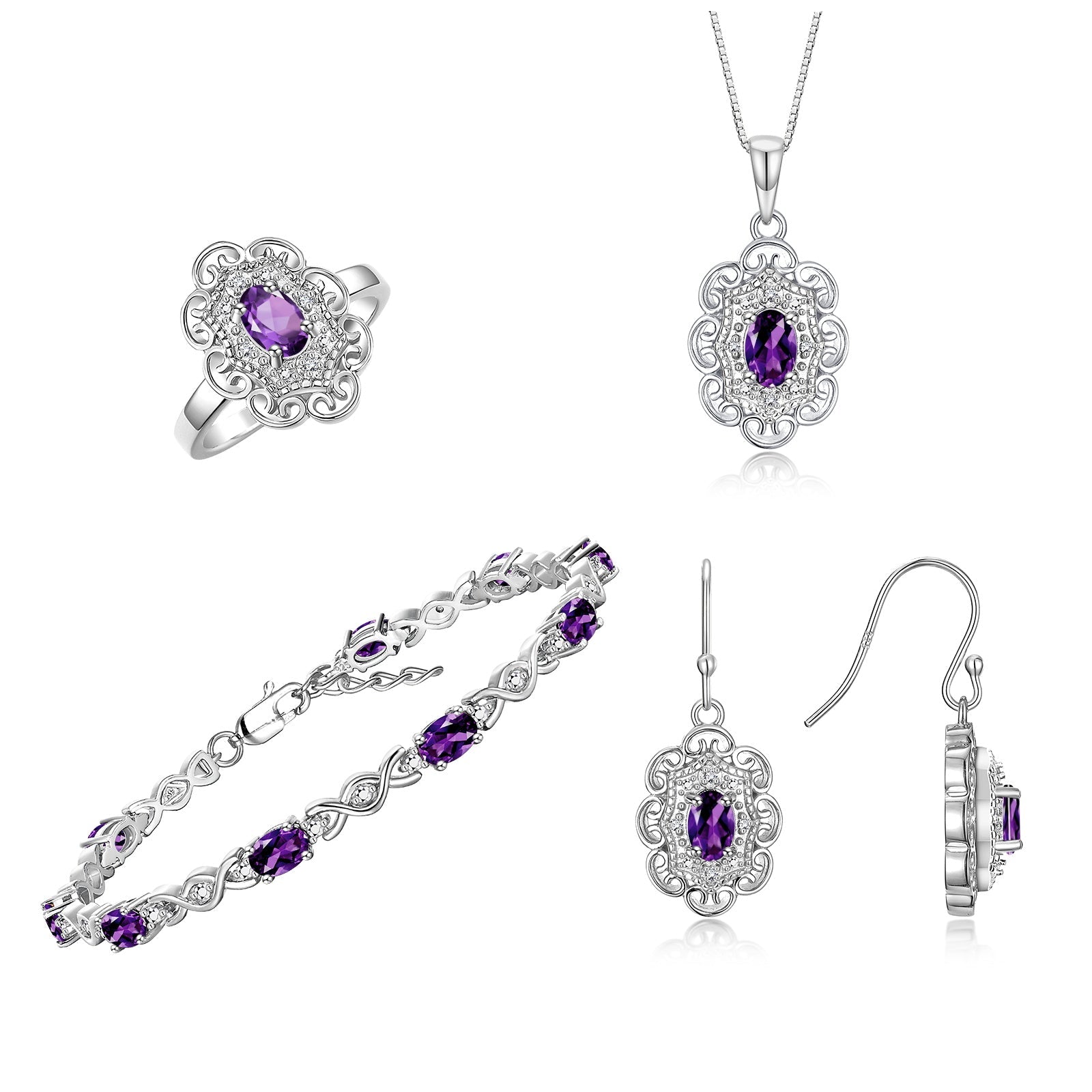 RYLOS Matching Jewelry Set Floral Design: Sterling Silver Tennis Bracelet, Earrings, Ring & Necklace. Gemstone & Diamonds, 7 inch-8 inch Adjustable Wrist, 18 inch Chain, 4-Pieces Matched, Birthstone Ring Size 8-10