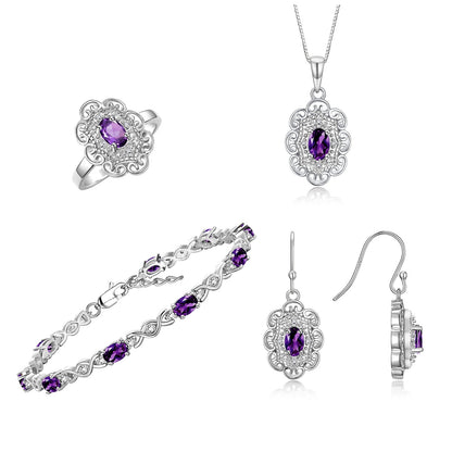 RYLOS Matching Jewelry Set Floral Design: Sterling Silver Tennis Bracelet, Earrings, Ring & Necklace. Gemstone & Diamonds, 7 inch-8 inch Adjustable Wrist, 18 inch Chain, 4-Pieces Matched, Birthstone Ring Size 8-10