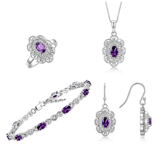 RYLOS Matching Jewelry Set Floral Design: Sterling Silver Tennis Bracelet, Earrings, Ring & Necklace. Gemstone & Diamonds, 7 inch-8 inch Adjustable Wrist, 18 inch Chain, 4-Pieces Matched, Birthstone Ring Size 8-10