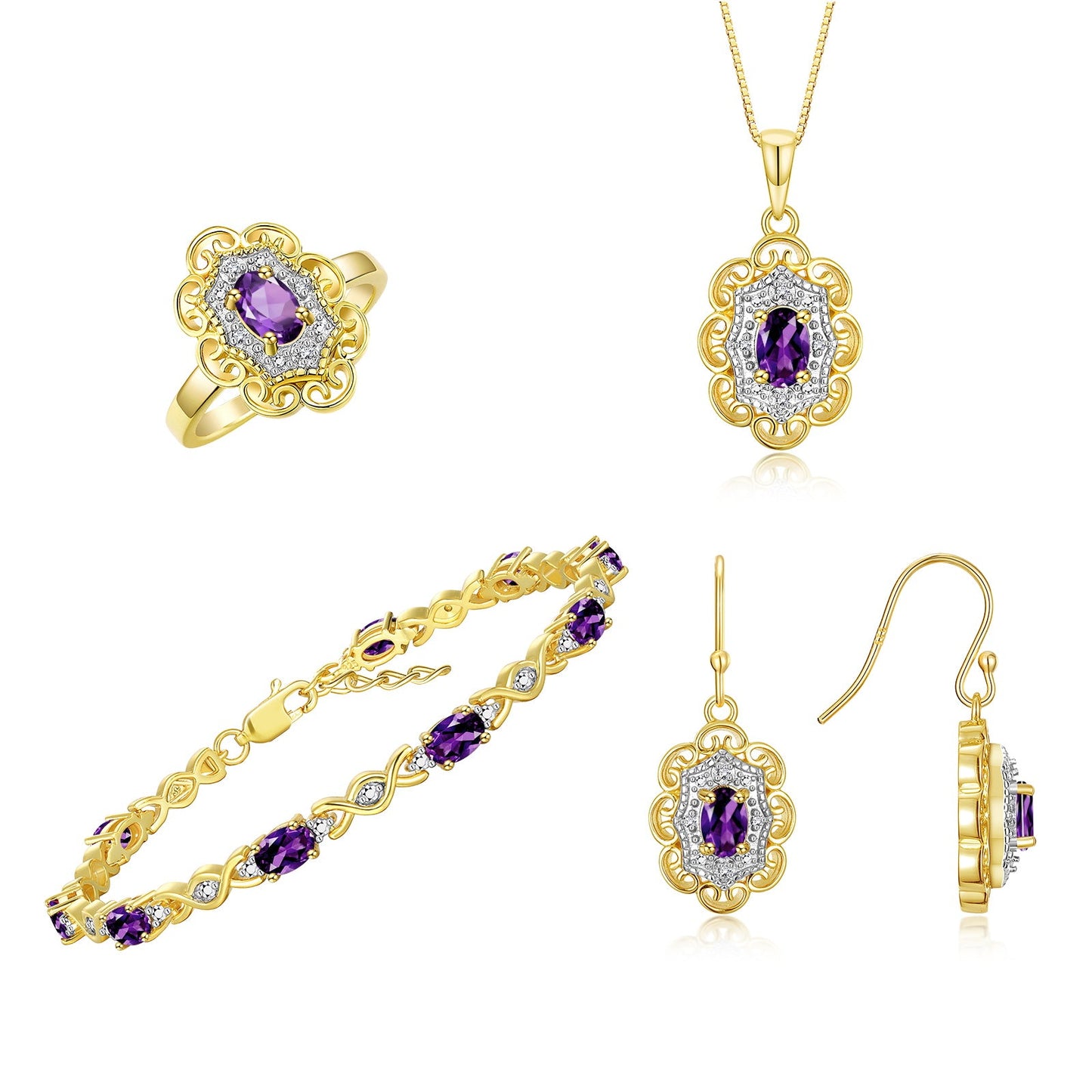RYLOS Matching Jewelry Set Floral Design: Yellow Gold Plated Silver Tennis Bracelet, Earrings, Ring & Necklace. Gemstone & Diamonds, 7"-8" Adjustable Wrist, 18" Chain, 4-Pieces Matched, Birthstone Ring Size 5-10