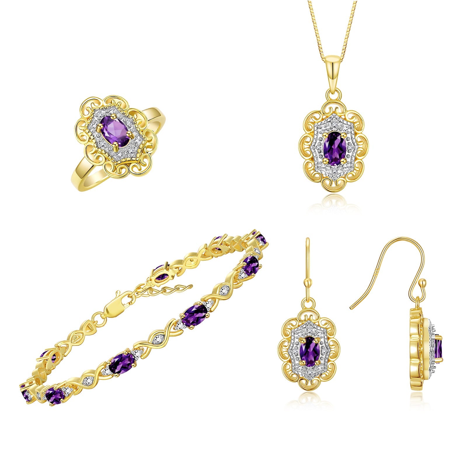 RYLOS Matching Jewelry Set Floral Design: Yellow Gold Plated Silver Tennis Bracelet, Earrings, Ring & Necklace. Gemstone & Diamonds, 7"-8" Adjustable Wrist, 18" Chain, 4-Pieces Matched, Birthstone Ring Size 5-10