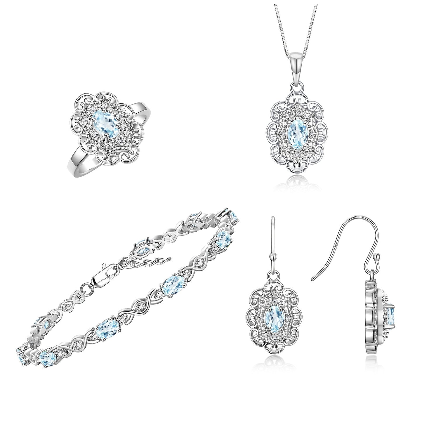 RYLOS Matching Jewelry Set Floral Design: Sterling Silver Tennis Bracelet, Earrings, Ring & Necklace. Gemstone & Diamonds, 7 inch-8 inch Adjustable Wrist, 18 inch Chain, 4-Pieces Matched, Birthstone Ring Size 8-10