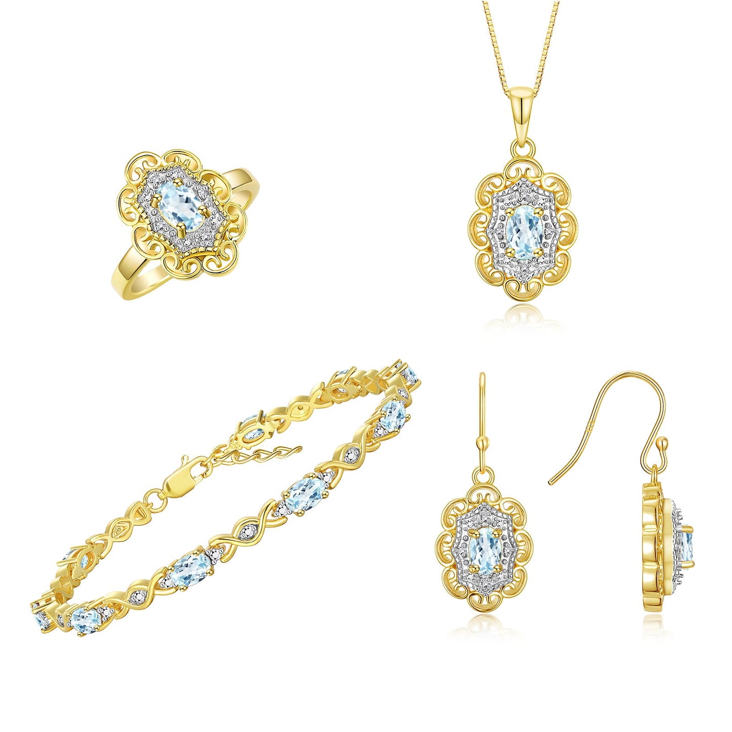 RYLOS Matching Jewelry Set Floral Design: Yellow Gold Plated Silver Tennis Bracelet, Earrings, Ring & Necklace. Gemstone & Diamonds, 7"-8" Adjustable Wrist, 18" Chain, 4-Pieces Matched, Birthstone Ring Size 5-10