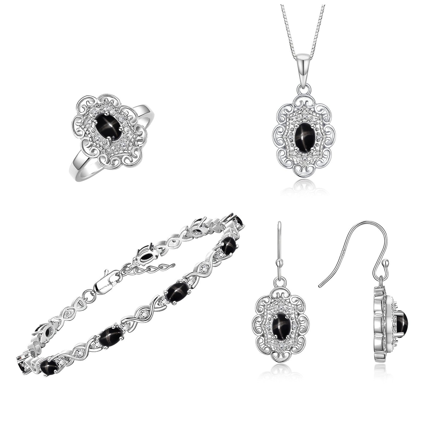 RYLOS Matching Jewelry Set Floral Design: Sterling Silver Tennis Bracelet, Earrings, Ring & Necklace. Gemstone & Diamonds, 7 inch-8 inch Adjustable Wrist, 18 inch Chain, 4-Pieces Matched, Birthstone Ring Size 8-10
