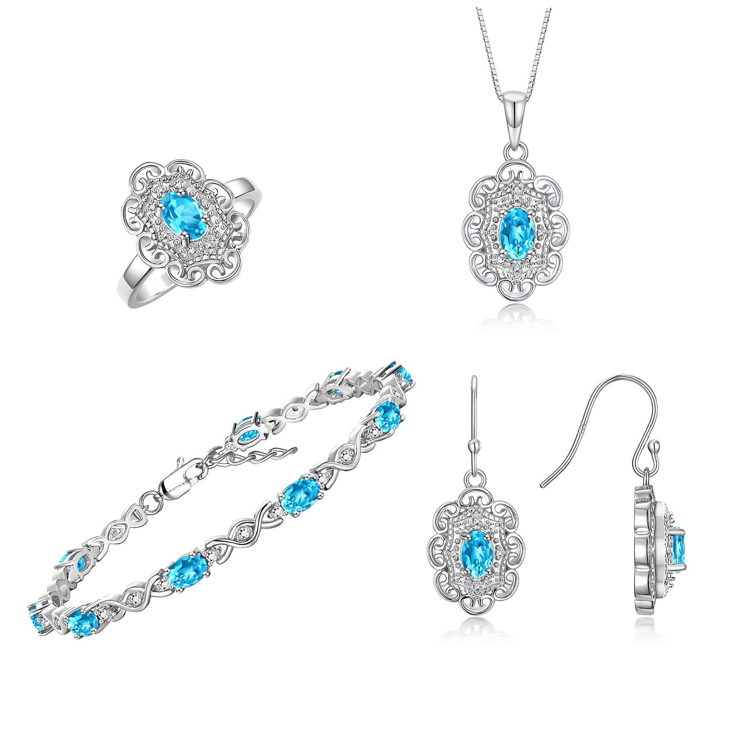RYLOS Matching Jewelry Set Floral Design: Sterling Silver Tennis Bracelet, Earrings, Ring & Necklace. Gemstone & Diamonds, 7 inch-8 inch Adjustable Wrist, 18 inch Chain, 4-Pieces Matched, Birthstone Ring Size 8-10