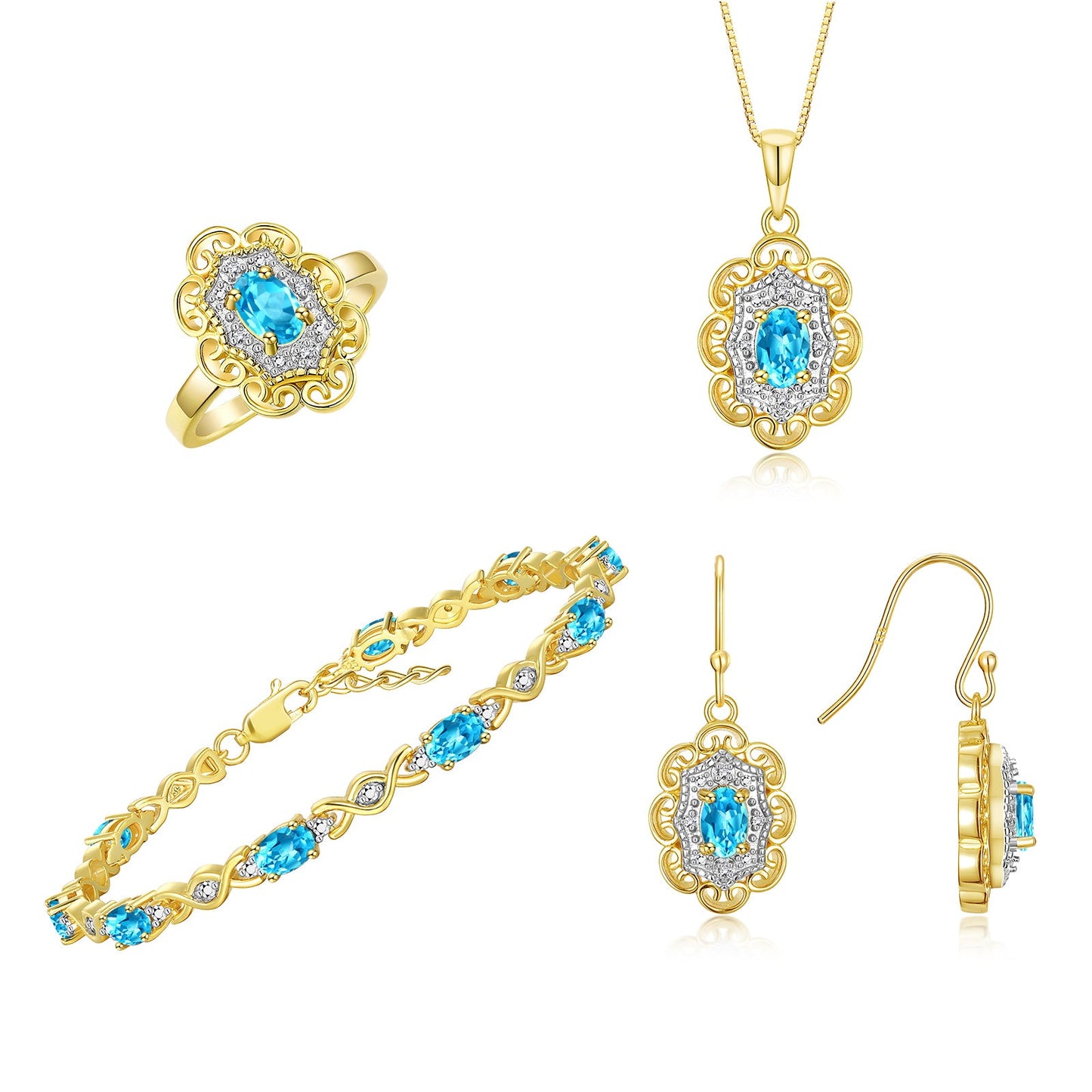 RYLOS Matching Jewelry Set Floral Design: Yellow Gold Plated Silver Tennis Bracelet, Earrings, Ring & Necklace. Gemstone & Diamonds, 7"-8" Adjustable Wrist, 18" Chain, 4-Pieces Matched, Birthstone Ring Size 5-10