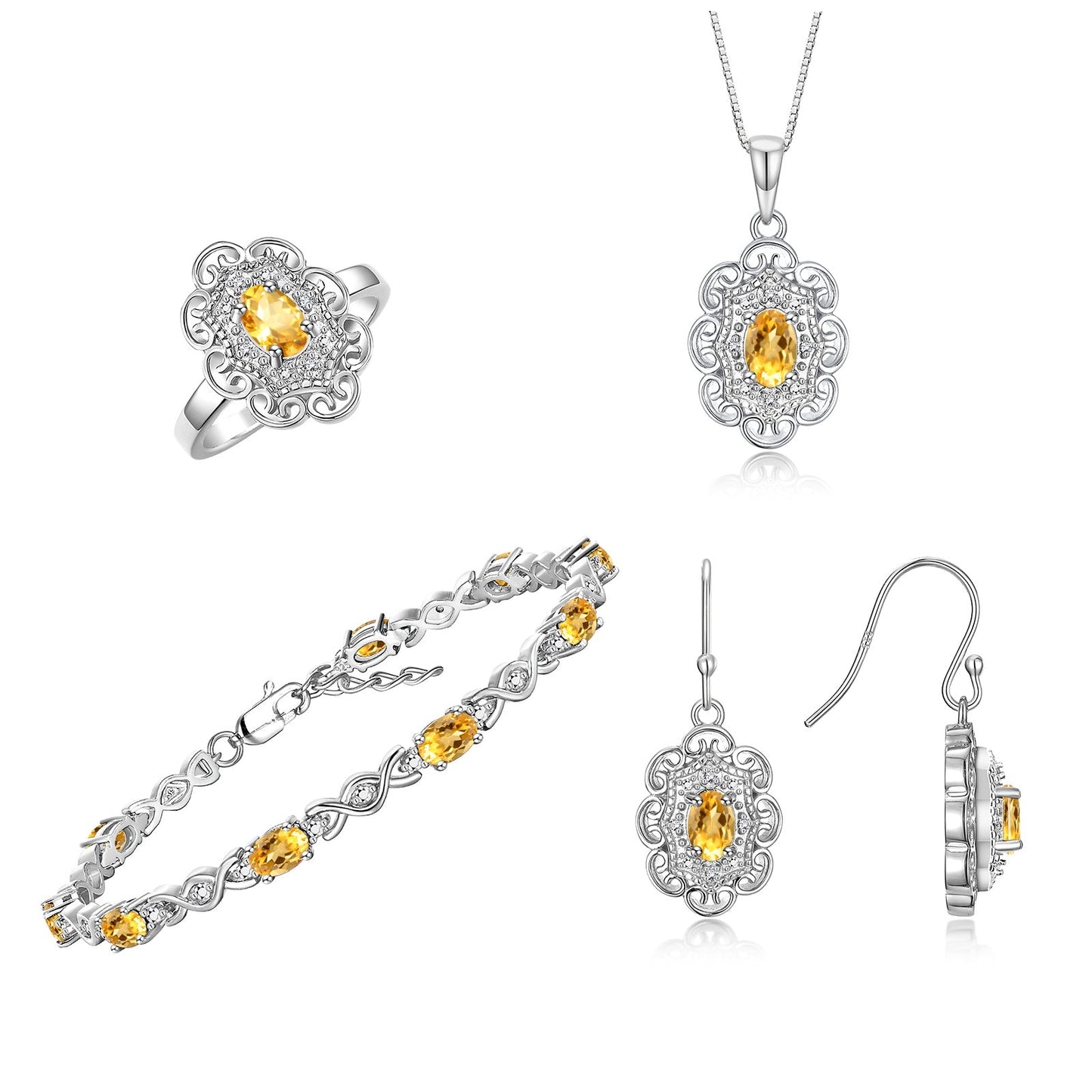 RYLOS Matching Jewelry Set Floral Design: Sterling Silver Tennis Bracelet, Earrings, Ring & Necklace. Gemstone & Diamonds, 7 inch-8 inch Adjustable Wrist, 18 inch Chain, 4-Pieces Matched, Birthstone Ring Size 8-10