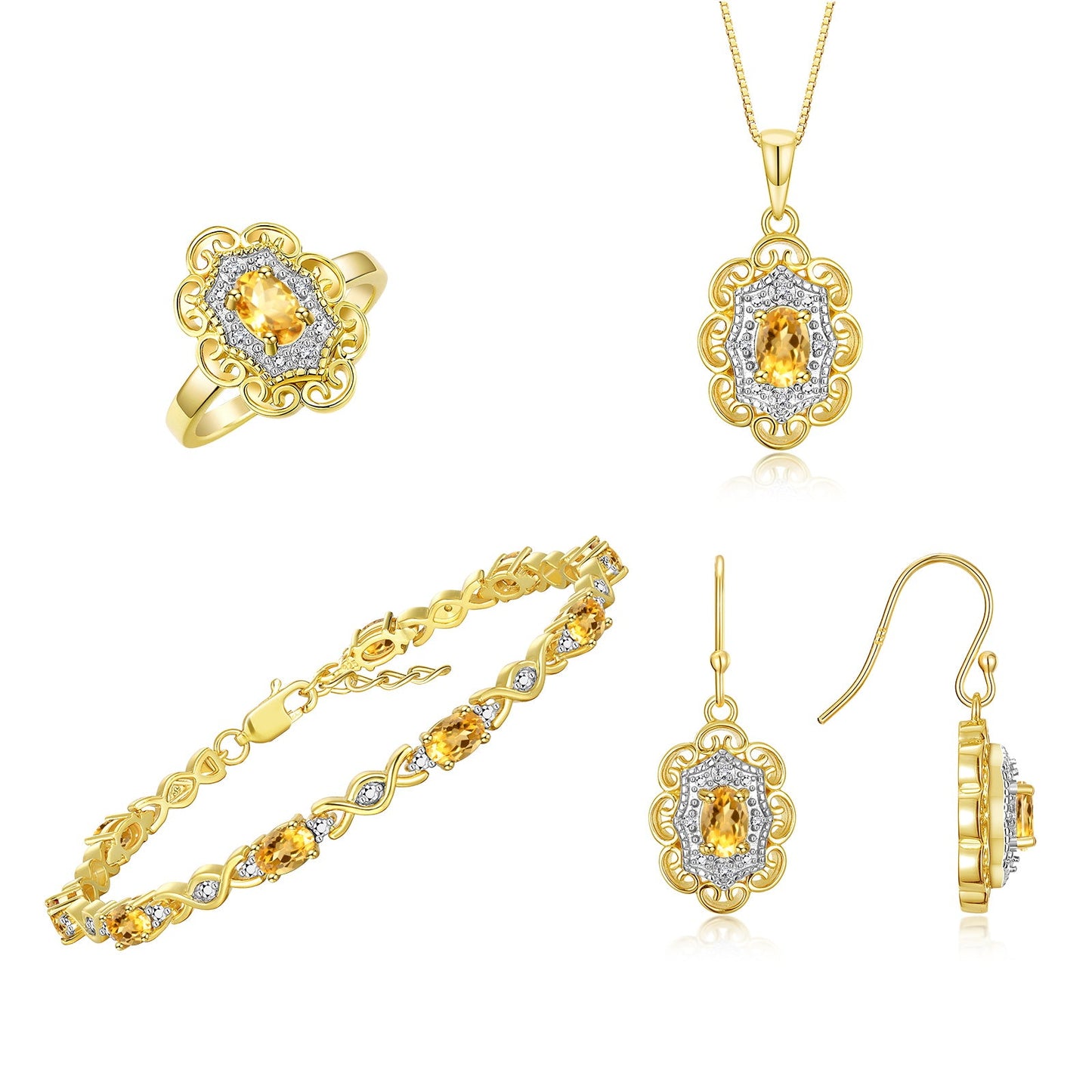 RYLOS Matching Jewelry Set Floral Design: Yellow Gold Plated Silver Tennis Bracelet, Earrings, Ring & Necklace. Gemstone & Diamonds, 7"-8" Adjustable Wrist, 18" Chain, 4-Pieces Matched, Birthstone Ring Size 5-10