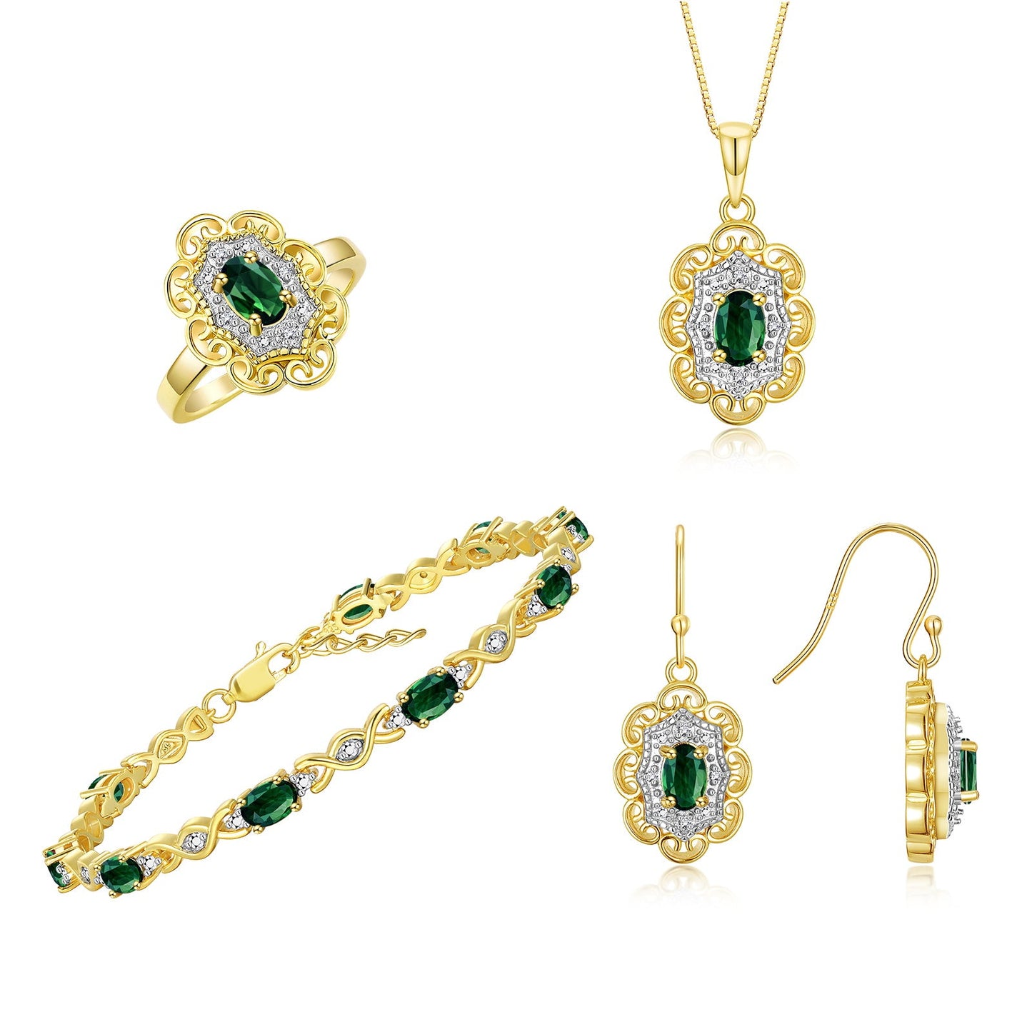 RYLOS Matching Jewelry Set Floral Design: Yellow Gold Plated Silver Tennis Bracelet, Earrings, Ring & Necklace. Gemstone & Diamonds, 7"-8" Adjustable Wrist, 18" Chain, 4-Pieces Matched, Birthstone Ring Size 5-10