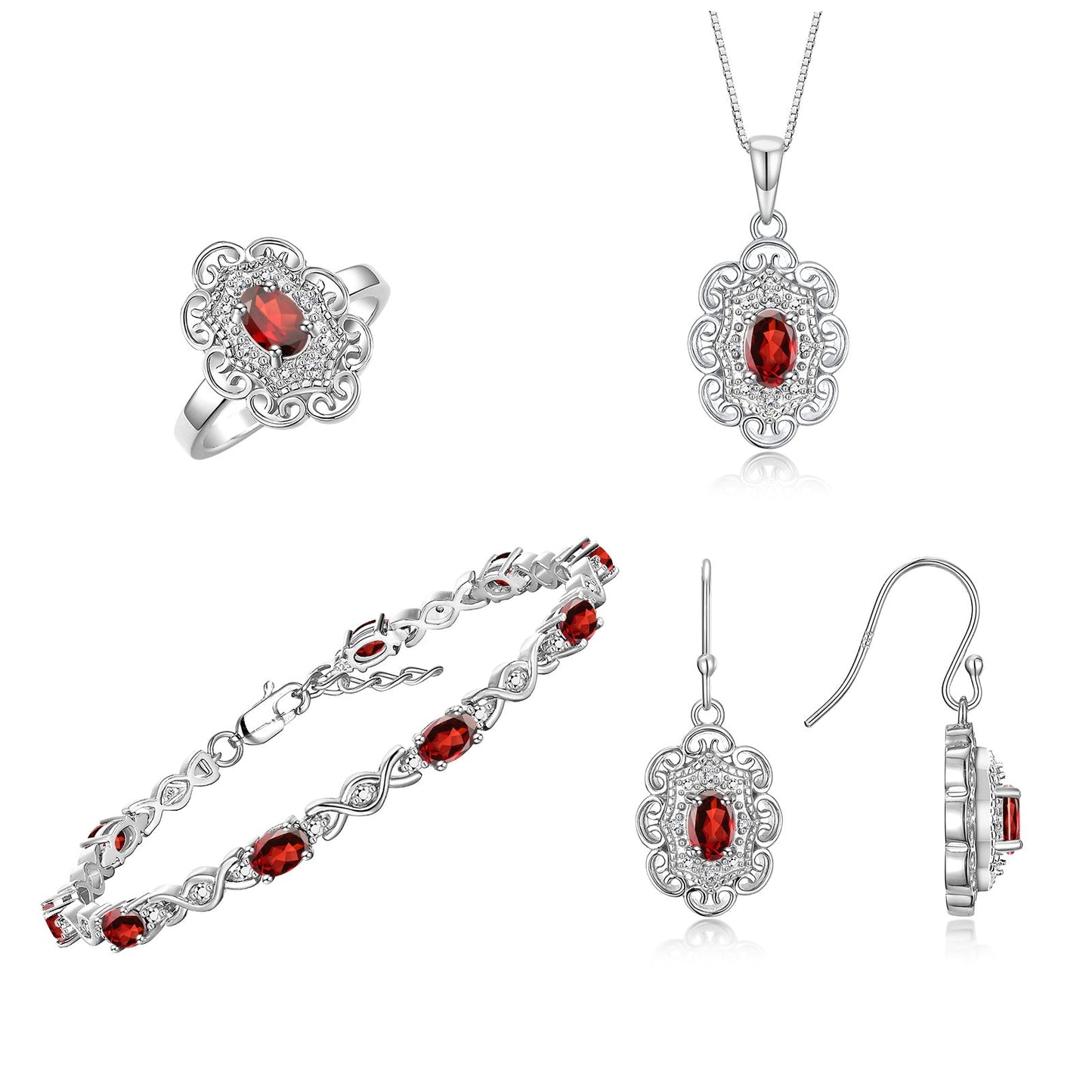 RYLOS Matching Jewelry Set Floral Design: Sterling Silver Tennis Bracelet, Earrings, Ring & Necklace. Gemstone & Diamonds, 7 inch-8 inch Adjustable Wrist, 18 inch Chain, 4-Pieces Matched, Birthstone Ring Size 8-10