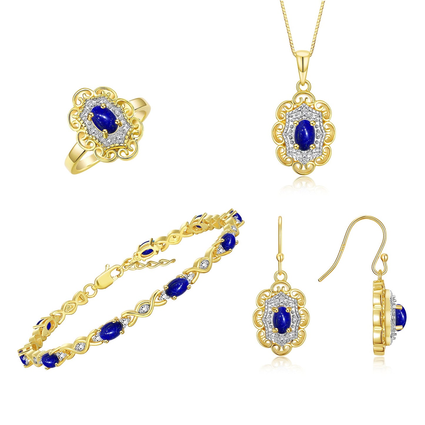 RYLOS Matching Jewelry Set Floral Design: Yellow Gold Plated Silver Tennis Bracelet, Earrings, Ring & Necklace. Gemstone & Diamonds, 7"-8" Adjustable Wrist, 18" Chain, 4-Pieces Matched, Birthstone Ring Size 5-10