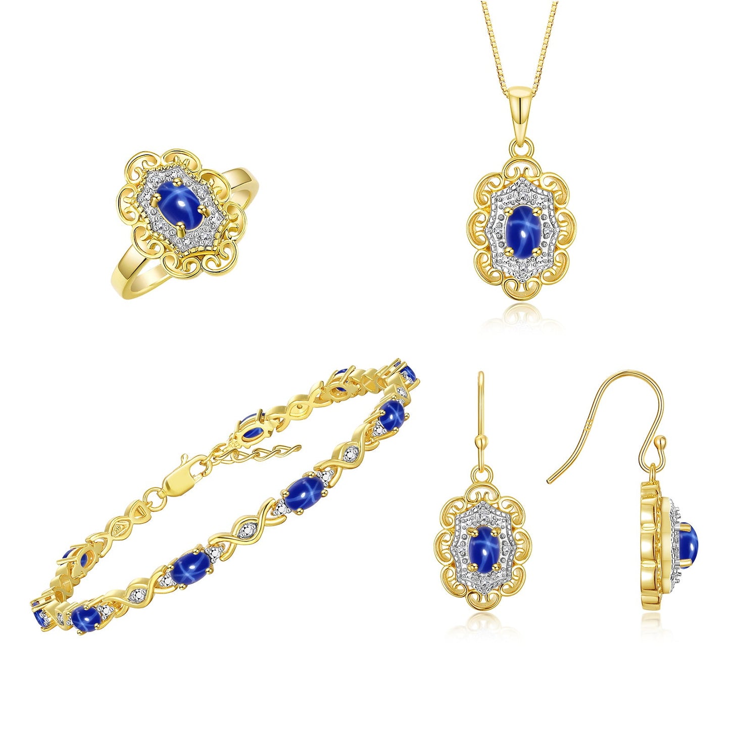 RYLOS Matching Jewelry Set Floral Design: Yellow Gold Plated Silver Tennis Bracelet, Earrings, Ring & Necklace. Gemstone & Diamonds, 7"-8" Adjustable Wrist, 18" Chain, 4-Pieces Matched, Birthstone Ring Size 5-10