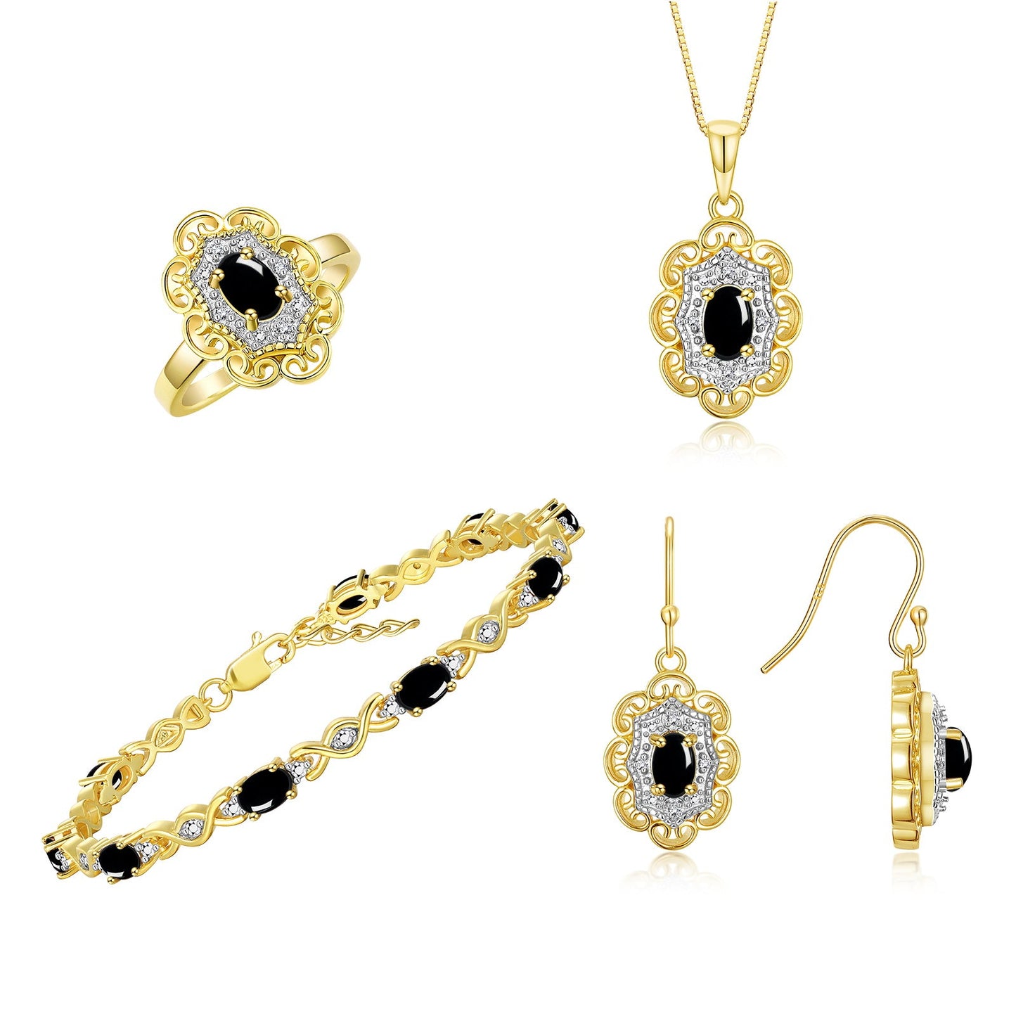 RYLOS Matching Jewelry Set Floral Design: Yellow Gold Plated Silver Tennis Bracelet, Earrings, Ring & Necklace. Gemstone & Diamonds, 7"-8" Adjustable Wrist, 18" Chain, 4-Pieces Matched, Birthstone Ring Size 5-10