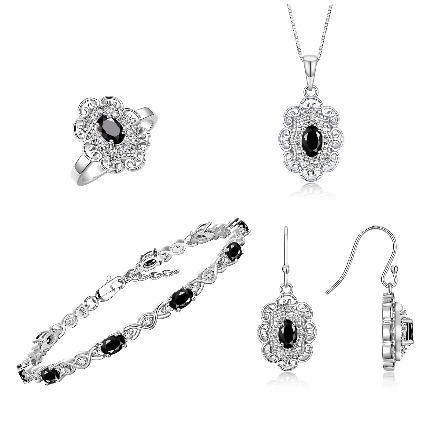 RYLOS Matching Jewelry Set Floral Design: Sterling Silver Tennis Bracelet, Earrings, Ring & Necklace. Gemstone & Diamonds, 7 inch-8 inch Adjustable Wrist, 18 inch Chain, 4-Pieces Matched, Birthstone Ring Size 8-10